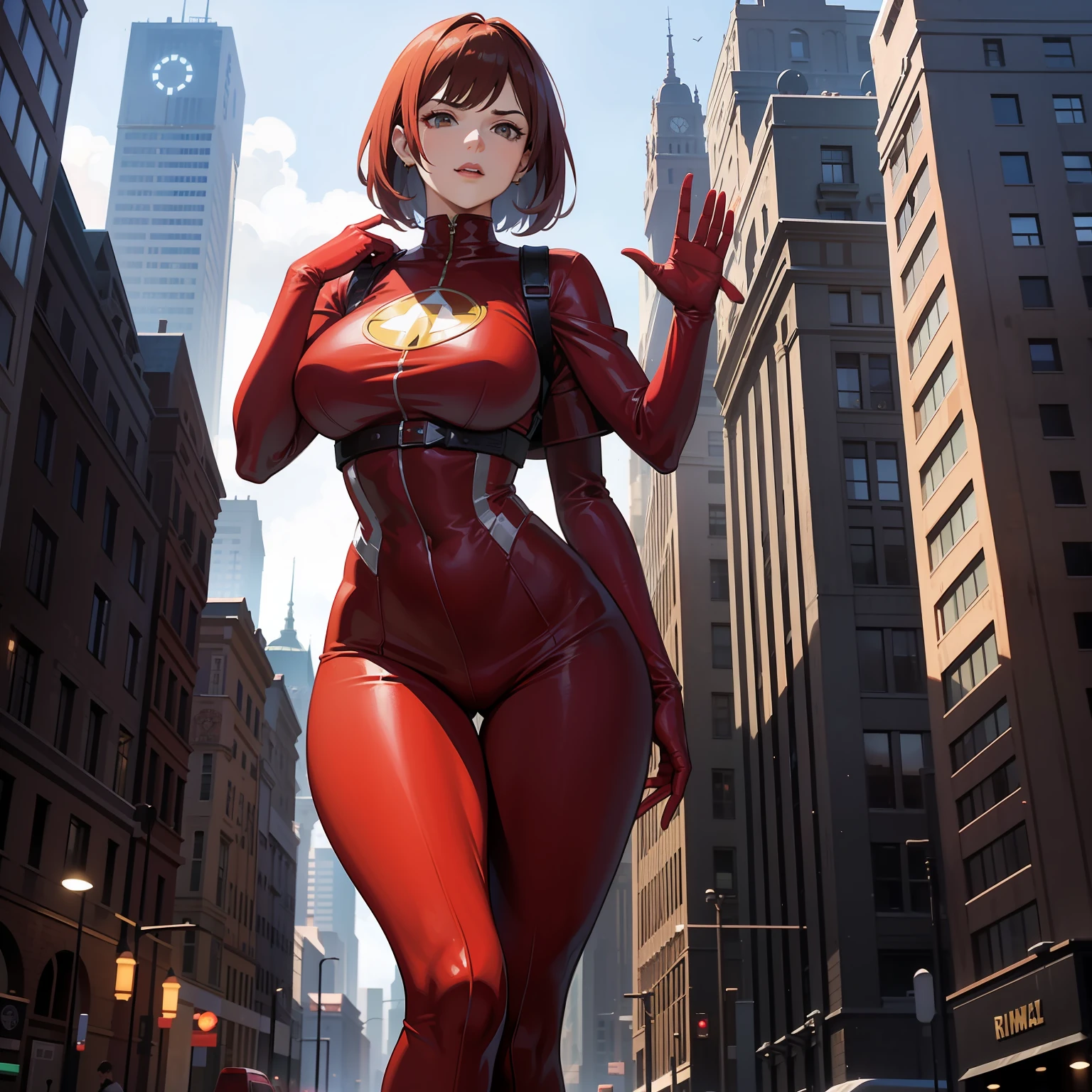 A woman 50 feet tall,pelo rojo corto，Wearing crimson tights，super heroes，Bigger than the building，Two legs，nice hand，Five fingers,GTSCity，50 meters high,((der riese))，((full bodyesbian))，immensity