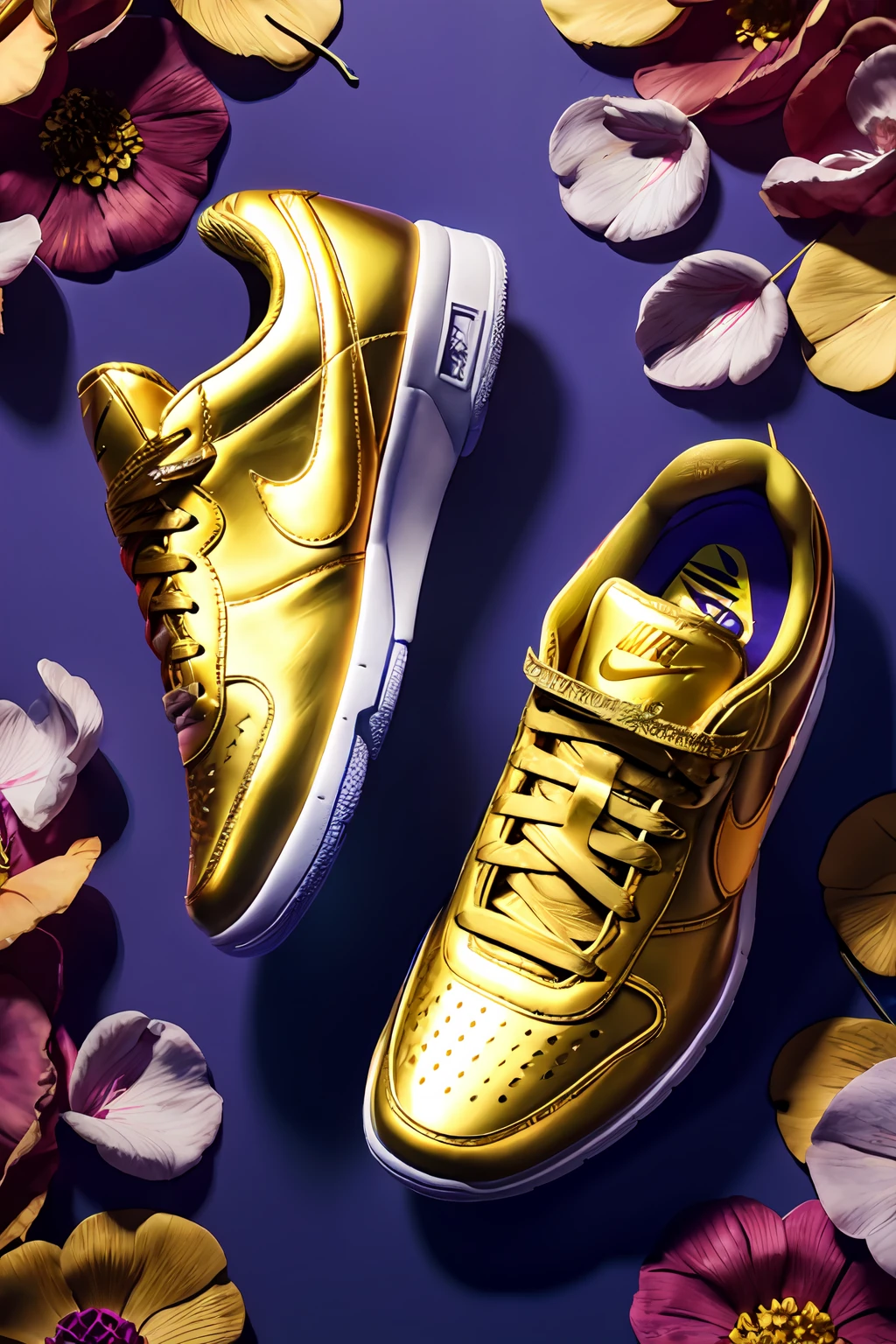 a stunning interpretation of nike shoe sneaker made of petals, advertsiement, solarpunk, highly detailed and intricate, golden ratio, very colorful, hypermaximalist, ornate, luxury, elite, good vibes, oil painting, cinematic, cgsociety, James jean, Brian froud, ross tran