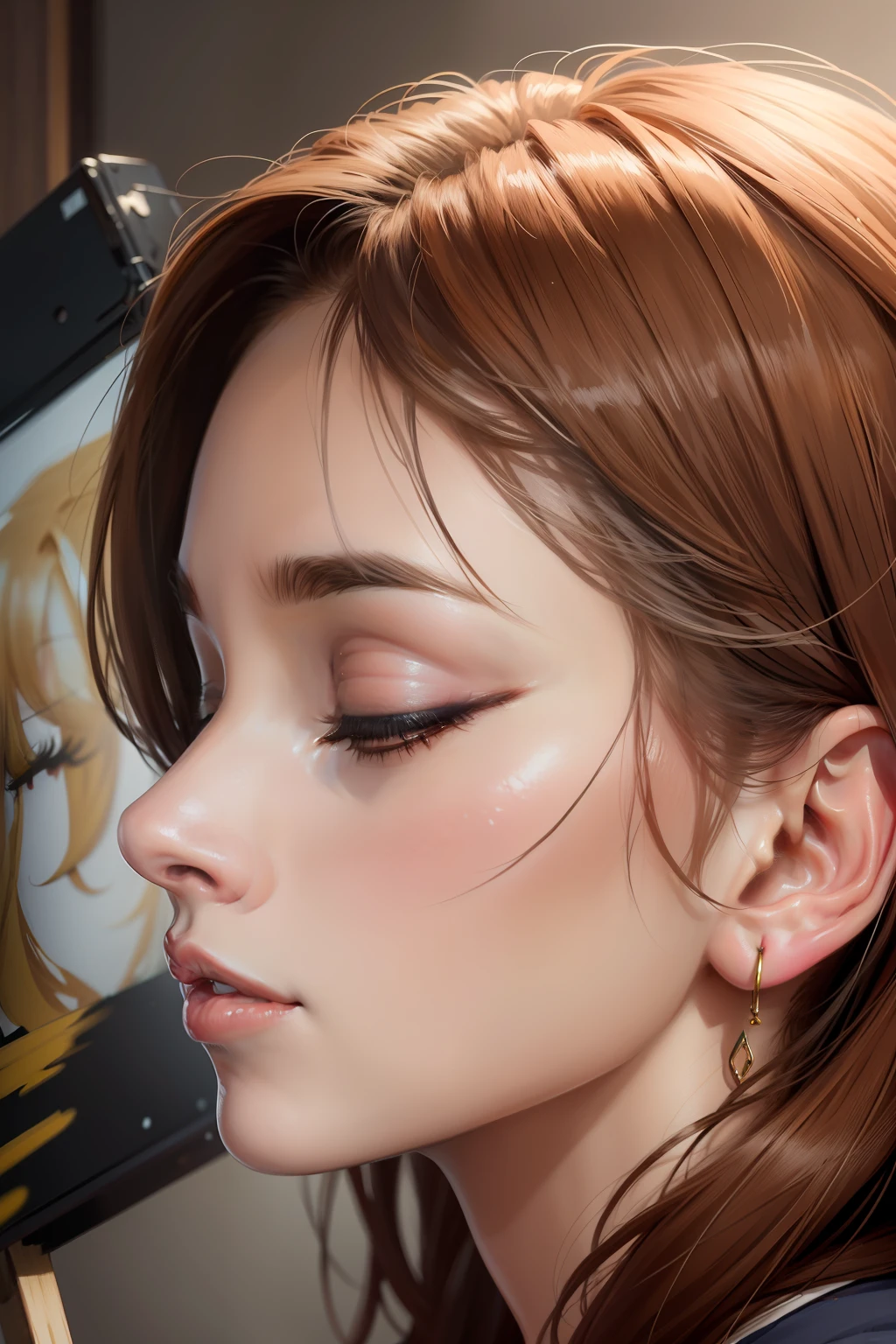 There is a painting of a woman with her eyes closed, profile of anime girl, Close-up profile face, Side Profile Senator Portrait, Female profile, Female profile, anime girl portrait profile, Profile face, side profile artwork, Face profile, Side profile center portrait, Detailed face of a woman, profile pose, Woman's face