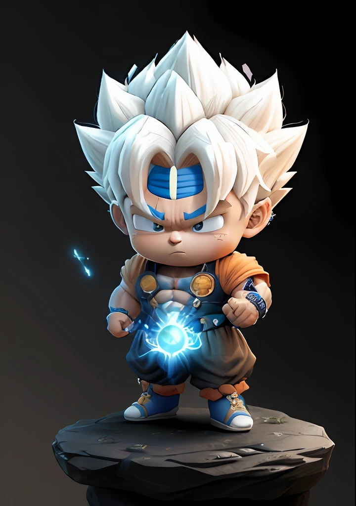 Goku, super saiyan, exquisite hair, arm depiction, white and blue hair body, exquisite shoes, eye depiction, exquisite hair, popmart blind box, clay texture, stepping on the land, black and white background, natural lighting, most good quality, super detail, 3D art, c4d, OC renderer, 3D rendering, 8k