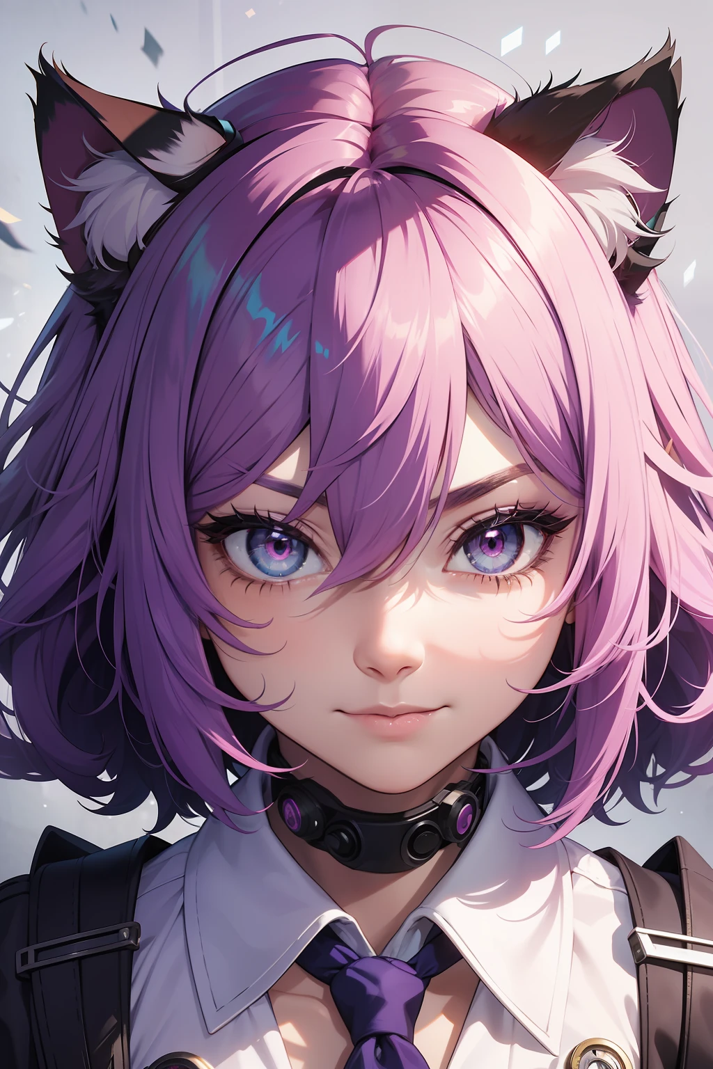 head portrait,girls,cat ear,flowy,The hair is pink,The hair is blue,sideface,ssmile,Sharp tiger teeth,cyber punk style,Heterochromic pupils,solo person,full bodyesbian,The light shines to the left,The middle hair is entrained with blue and purple,white backgrounid,Wear a suit