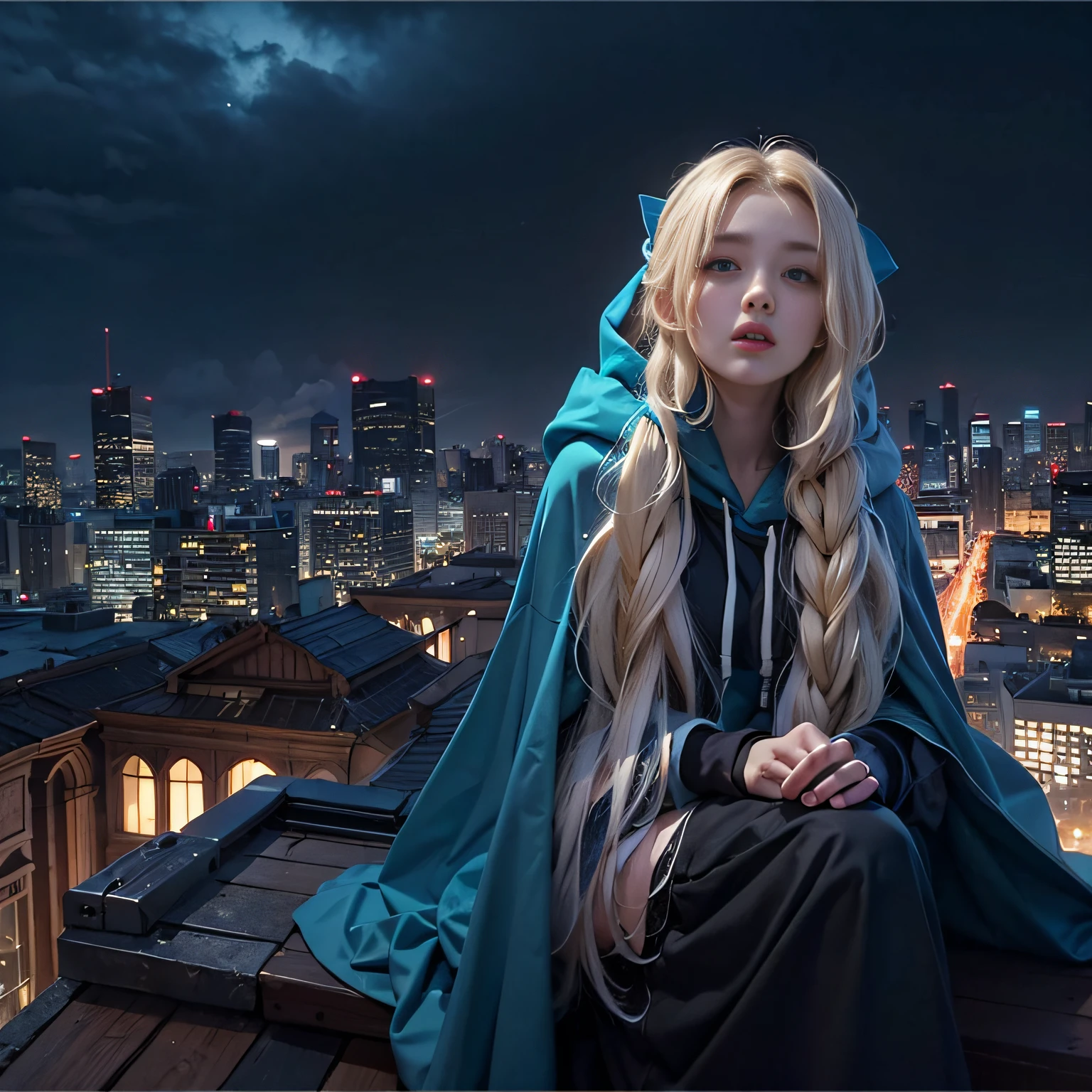 Warm color environment,Rooftop,the night,Blonde girl,long whitr hair,Small braids on both sides,Blue headband,Dressed in a black hooded cloak,Medium build,Right now