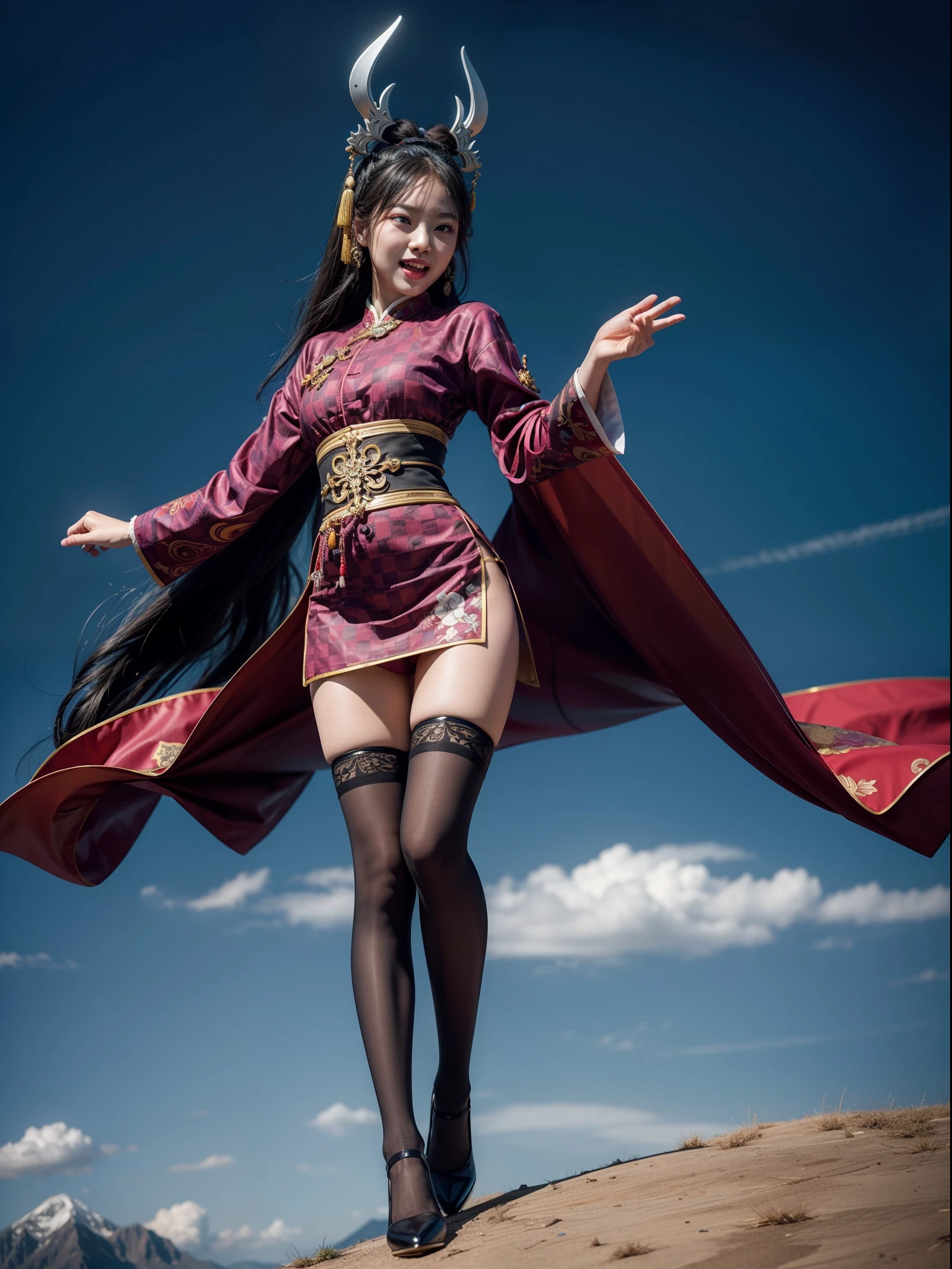 Splitting characters is prohibited,(Full body shot:1.3), Must show your face, anatomy correct, Flying on the top of the mountain,Tights and stockings are mandatory,Polished pointed toe heels must be worn, Colorful Qing dynasty checkered costumes, A shallow laugh, Complex and diverse backgrounds,Strangling effect,hyper HD, Ray traching, structurally correct, Award-Awarded, high detal, lightand shade contrast, Face lighting,cinmatic lighting, tmasterpiece, super detailing, high high quality, high detal, best qualityer, 16k