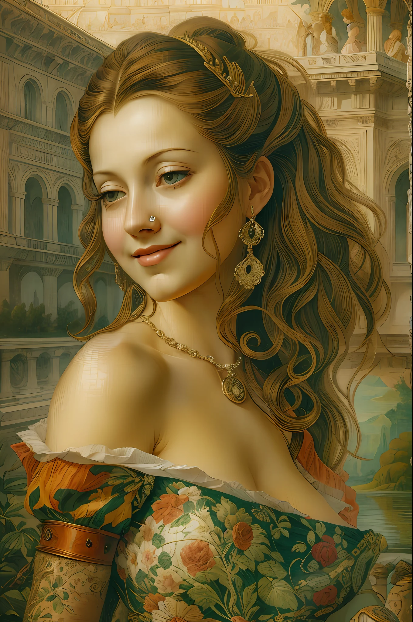 [beste-Qualit, tmasterpiece, extra high resolution, photo-realistic, in the style of pin-up, 1girl, off-shoulder, ssmile:20]Background, intricate Renaissance landscape, higly detailed