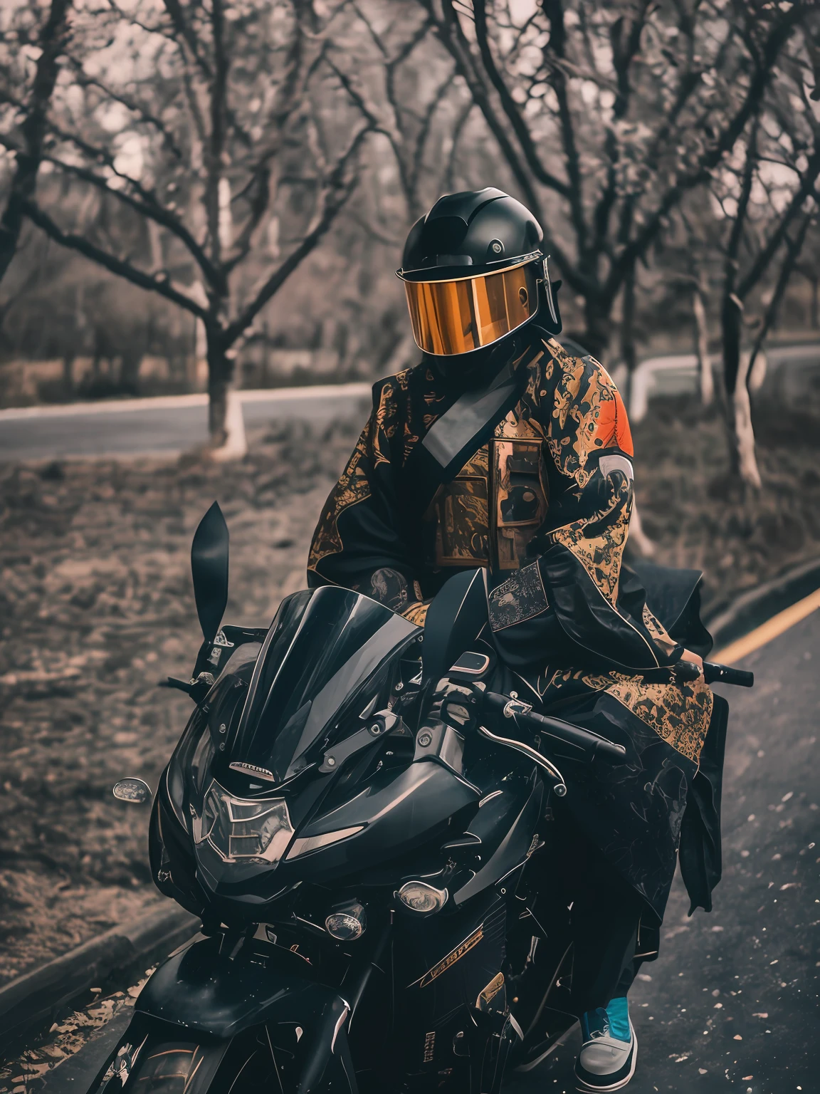 There was a woman in a dress and helmet standing next to a motorcycle, motorbiker, biker, inspired by Kanō Hōgai, mid shot portrait, dressed in samurai armour, wearing kimono armour, wearing an elaborate helmet, Samurai style, inspired by Tang Di, sitting on cyberpunk motorbike, wearing japanese techwear, wearing techwear and armor, sergey zabelin