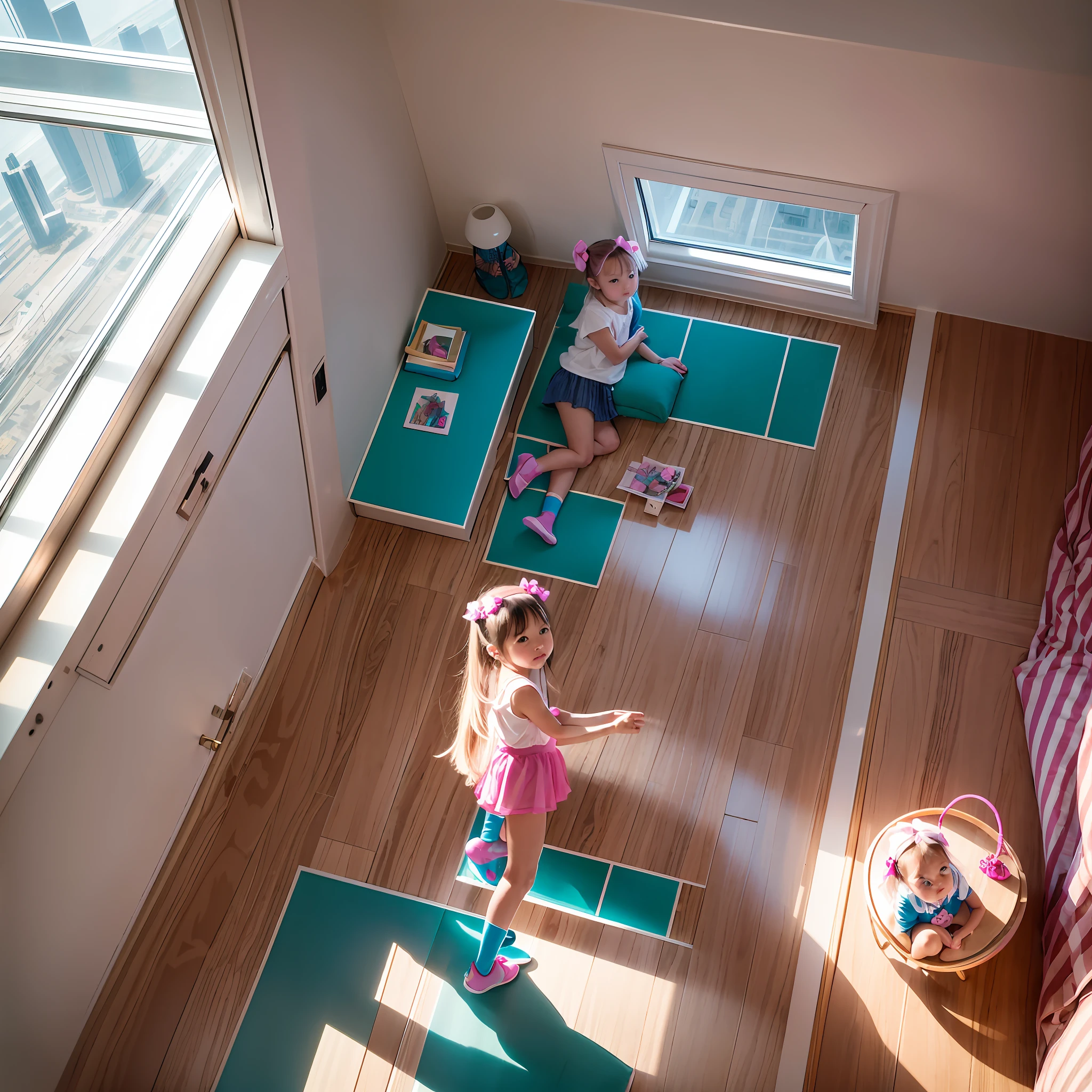 Floor-to-ceiling windows in the living room on the 180th floor of the Shanghai Tower door,Two little girls in openwork translucent stockings holding toys,Pout,Pink double-tailed hair and cyan eyes,Anime little girl in servant costume