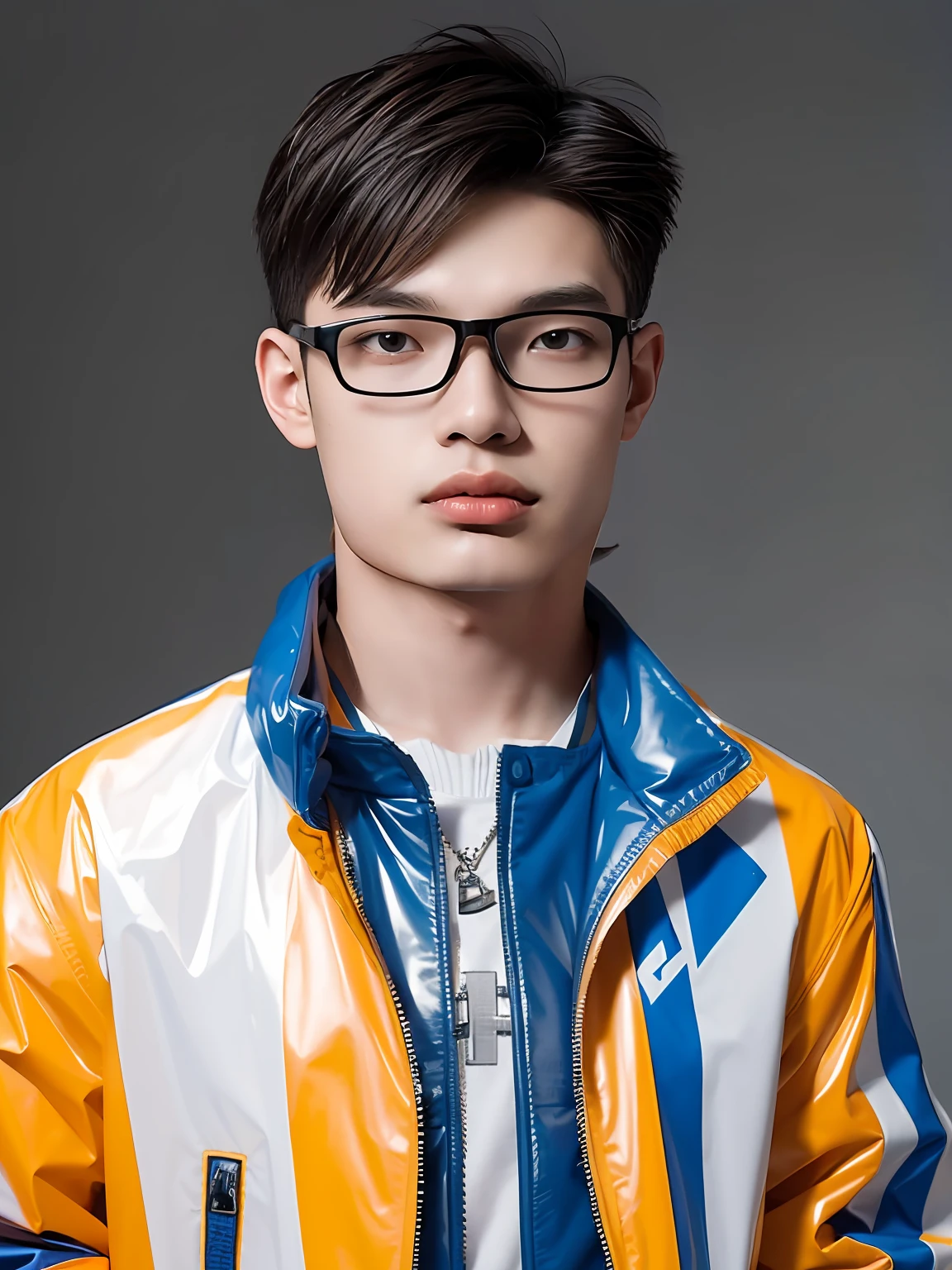 A male high school student，Wear a PVC jacket，Crein blue and Hermes orange，light grey background