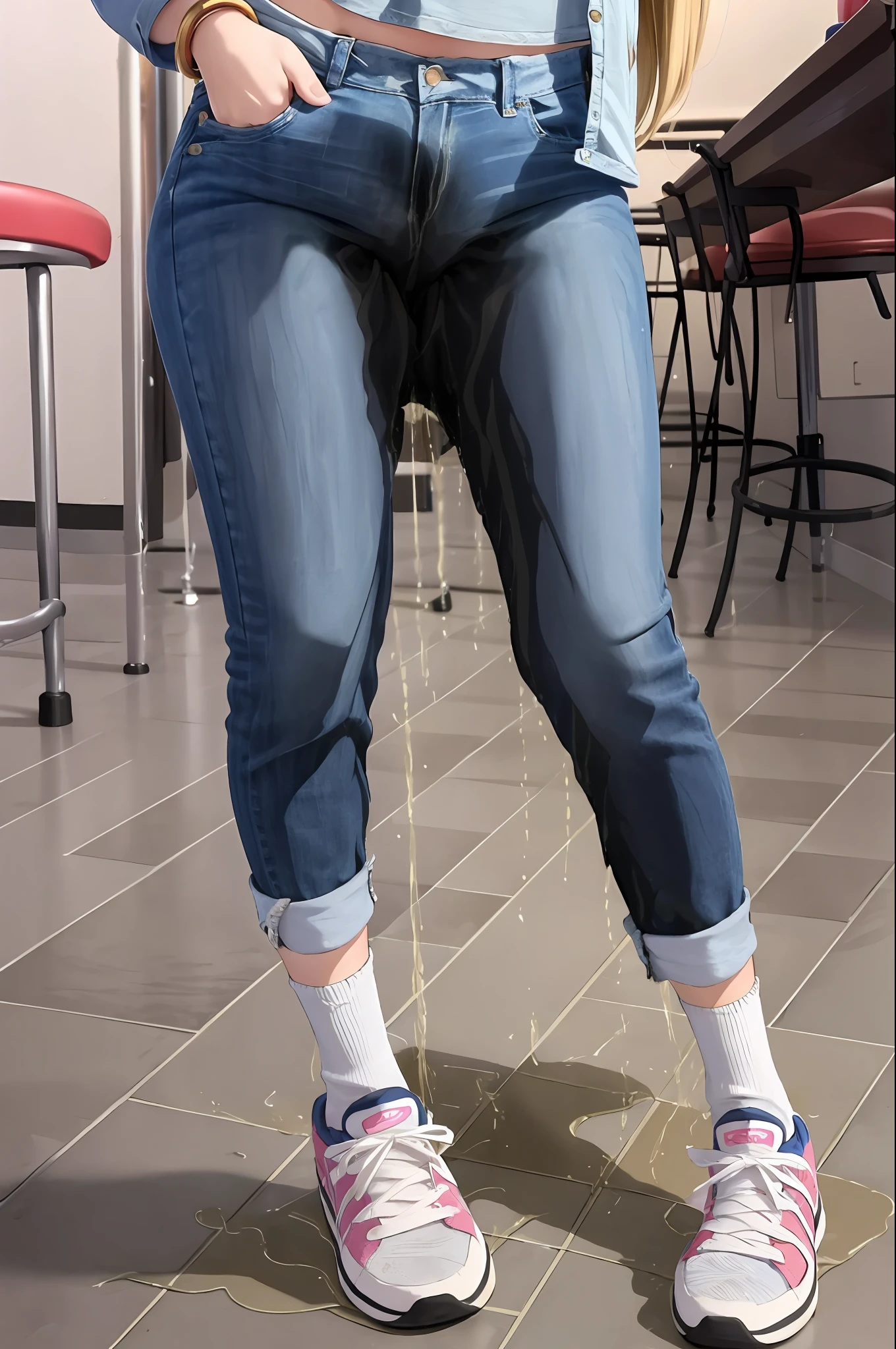 (masterpiece, top quality, best quality, highly detailed:1.2), 1girl, solo, photo of a cute embarrassed tween standing in the middle of Chuck E Cheese and peeing on the floor, peeing self, having an accident, Chuck E Cheese, indoor, standing, ((pee stream)), (pee puddle), pee stain, skinny jeans, wet jeans, wet furniture, pee puddle, peeing, wet socks, sneakers, wet sneakers, crop top, blonde, blue eyes, blushing, frowning, multi-colored bracelet
