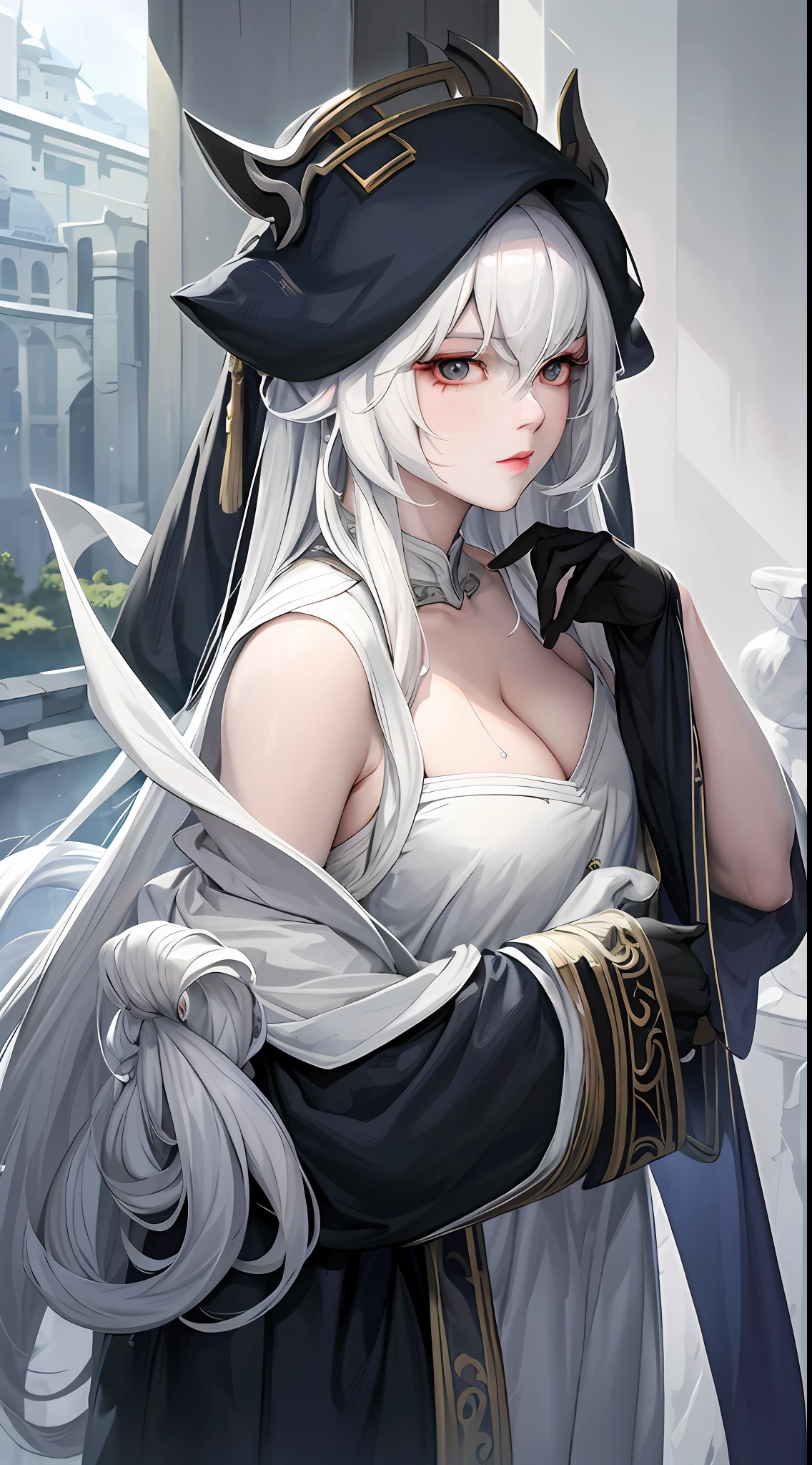 close-up of a woman with white hair and white mask,Belle peinture de personnage,Guviz,Guviz-style artwork,white-haired god,Yang J,Epic and beautiful character art,Stunning character art,FAN Qi,Wu Zhun Shifan,Guvitz at the Pixiv Art Station,Ink wind,Exposed cleavage
