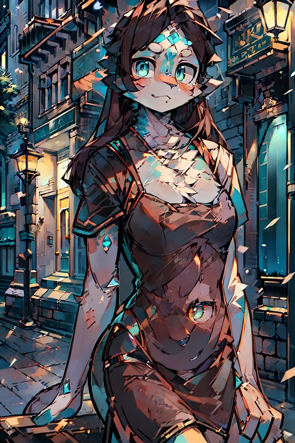 ((Realistic lighting, Best quality, 8K, Masterpiece: 1.3)), Focus: 1.2, 1girl, Perfect Body Beauty: 1.4, Slim Abs: 1.1, ((Dark Brown Hair)), (Aqua Dress: 1.4), (Outdoor, Night: 1.1), City Street, Super Fine Face, Fine Eyes, Double Eyelids,