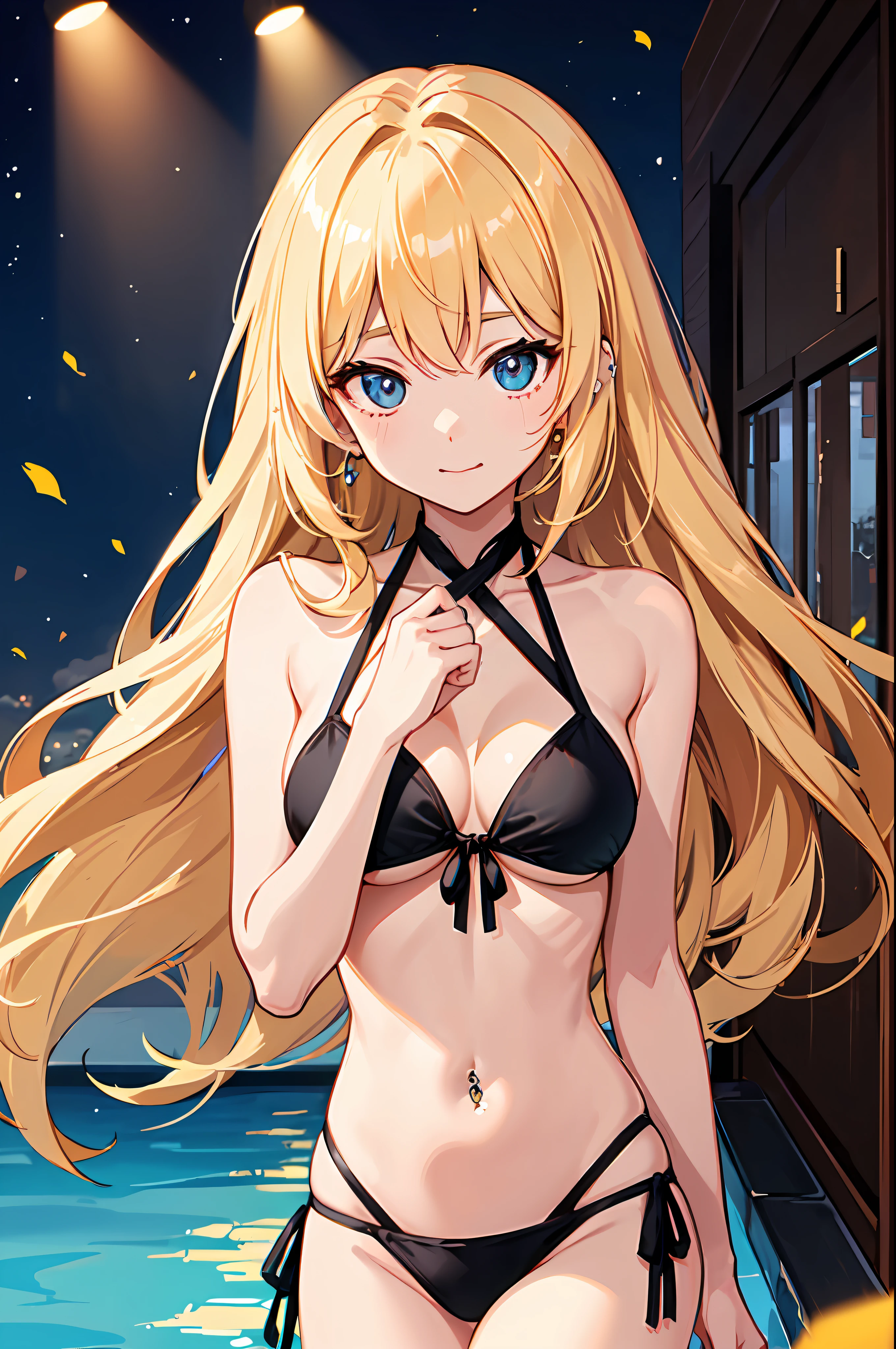 realisitic、top-quality、女の子 1 人、a blond、Natural eye color、piercings、Shy face、Fancy Bikini、front-tie bikini top、beautiful boob 、Dark night pool、Particles of light、profetional lighting、wall-paper、