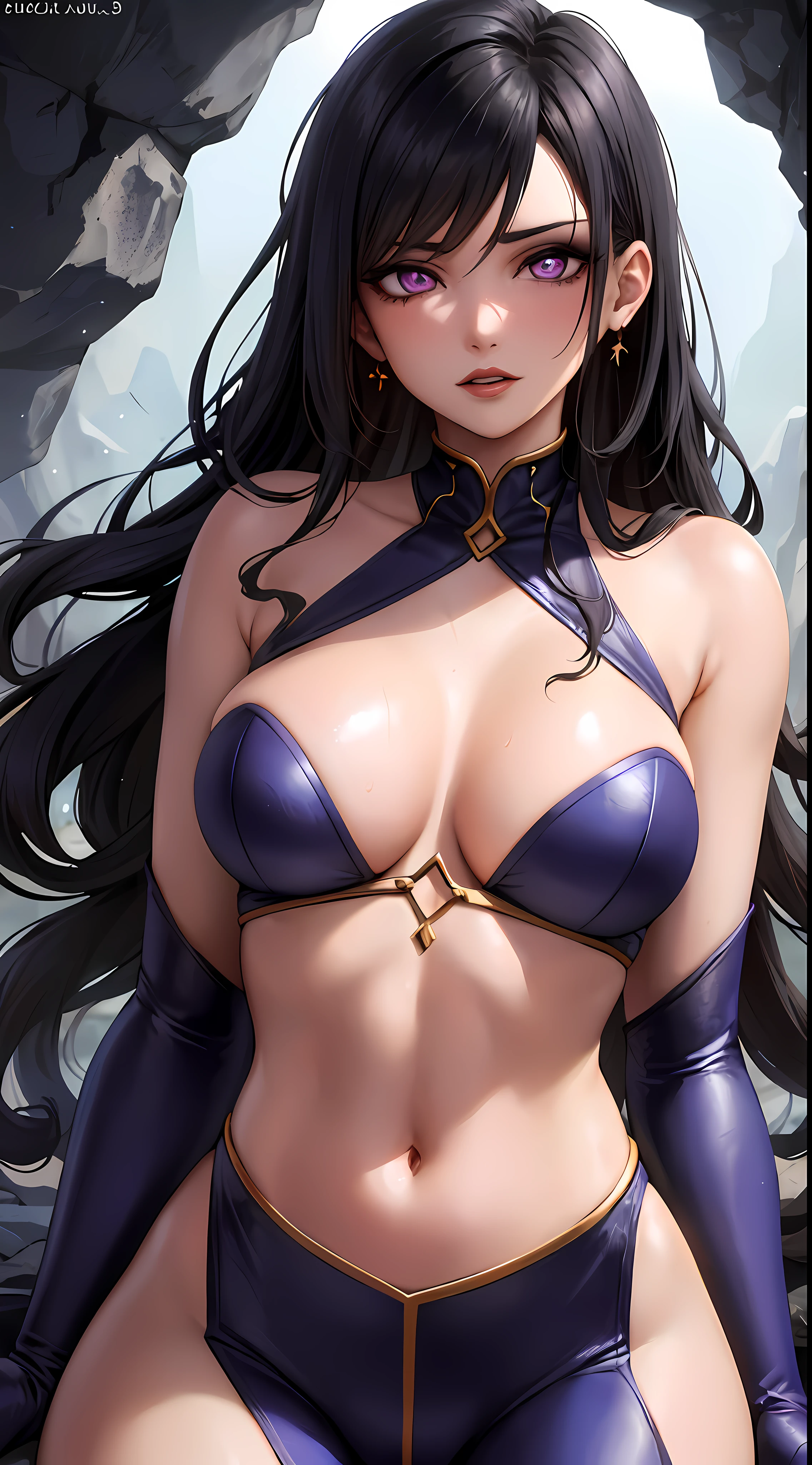(masterpiece:1.2, best quality1:1, ultra-detailed:1.2, best shadow, 8k:1.1), (dark cave:1.3, rock structures, rock spikes), (contrasting background, dark background), (beautiful detailed face), high contrast, (perfect illumination:1.2, beautiful color, delicate color), ((cinematic light)), colorful, hyper detail, dramatic light, intricate details, (1 girl, solo, black hair, sharp face, messy long hair:1.2, wavy hair:1.1, purple eyes, glowing eyes, dynamic angle, skimpy clothes, upper body:1.2), (eye focus:0.9), (beautiful eyes), (purple theme), (center focus:1.2), depth of field, dark purple particles, (purple aura), makeup, red lipstick, red eyeshadow,