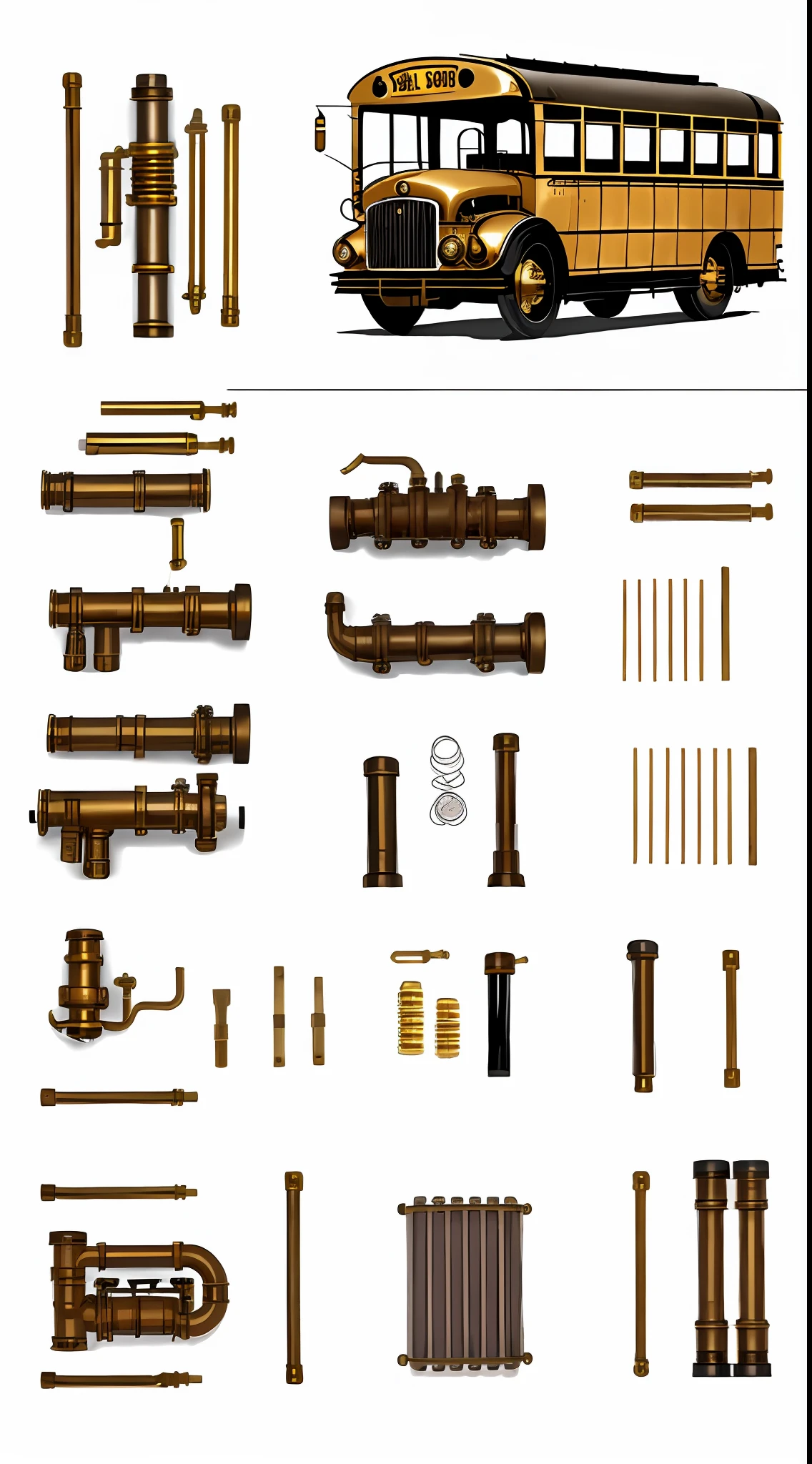 school bus、steampunc、from side view、brass、steel、Great photos of pipes、White background