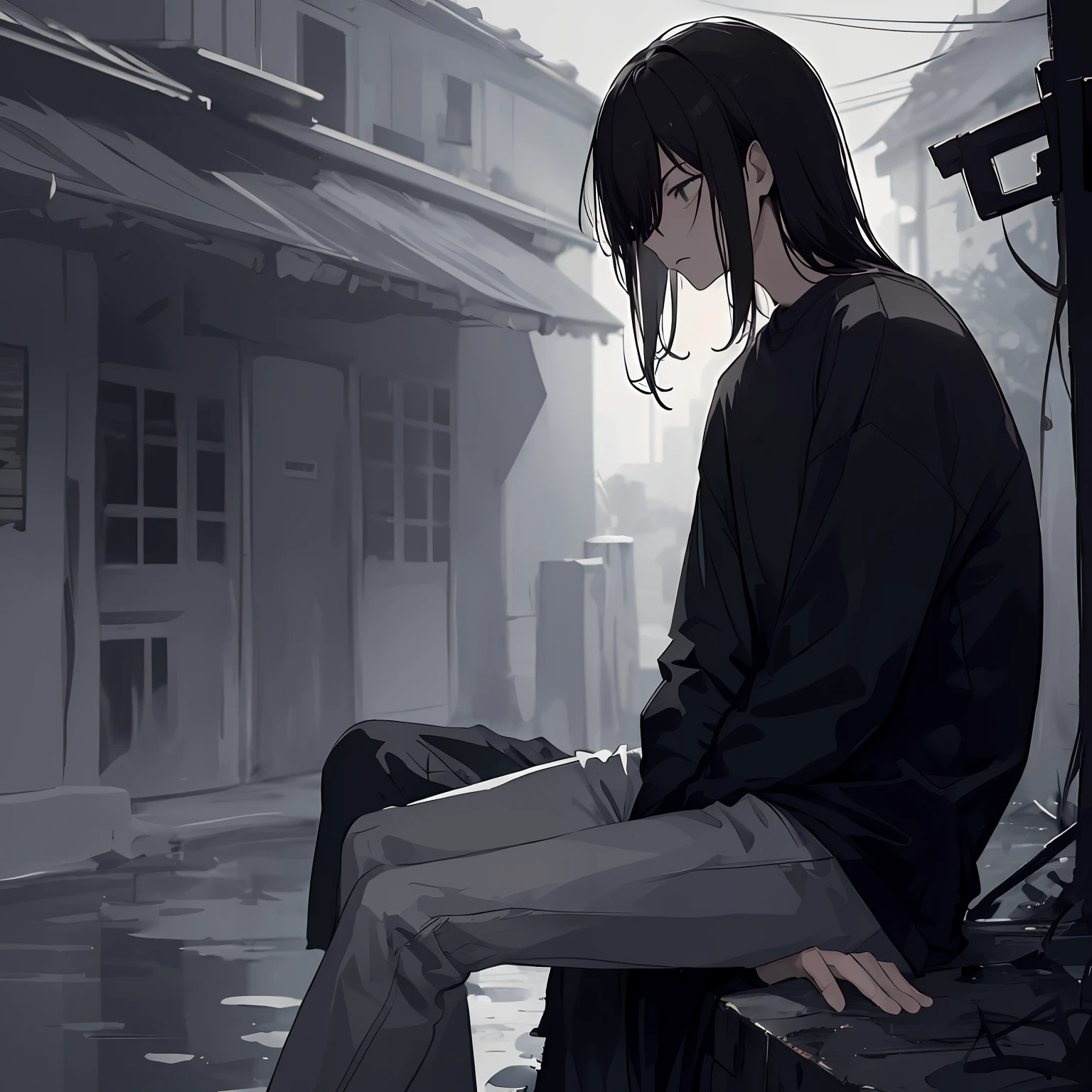 masterpiece, best quality, 1boy, solo, short_hair, looking_away, bangs, shirt, long_sleeves, dark hair, gloomy, moody, sad atmosphere, closed_mouth, morning world, soft shading, morning observer, shades of grey, complex background, dark backgrounds, outdoors, fullbody, sitting, sad, depression, long hair, melancholic expression