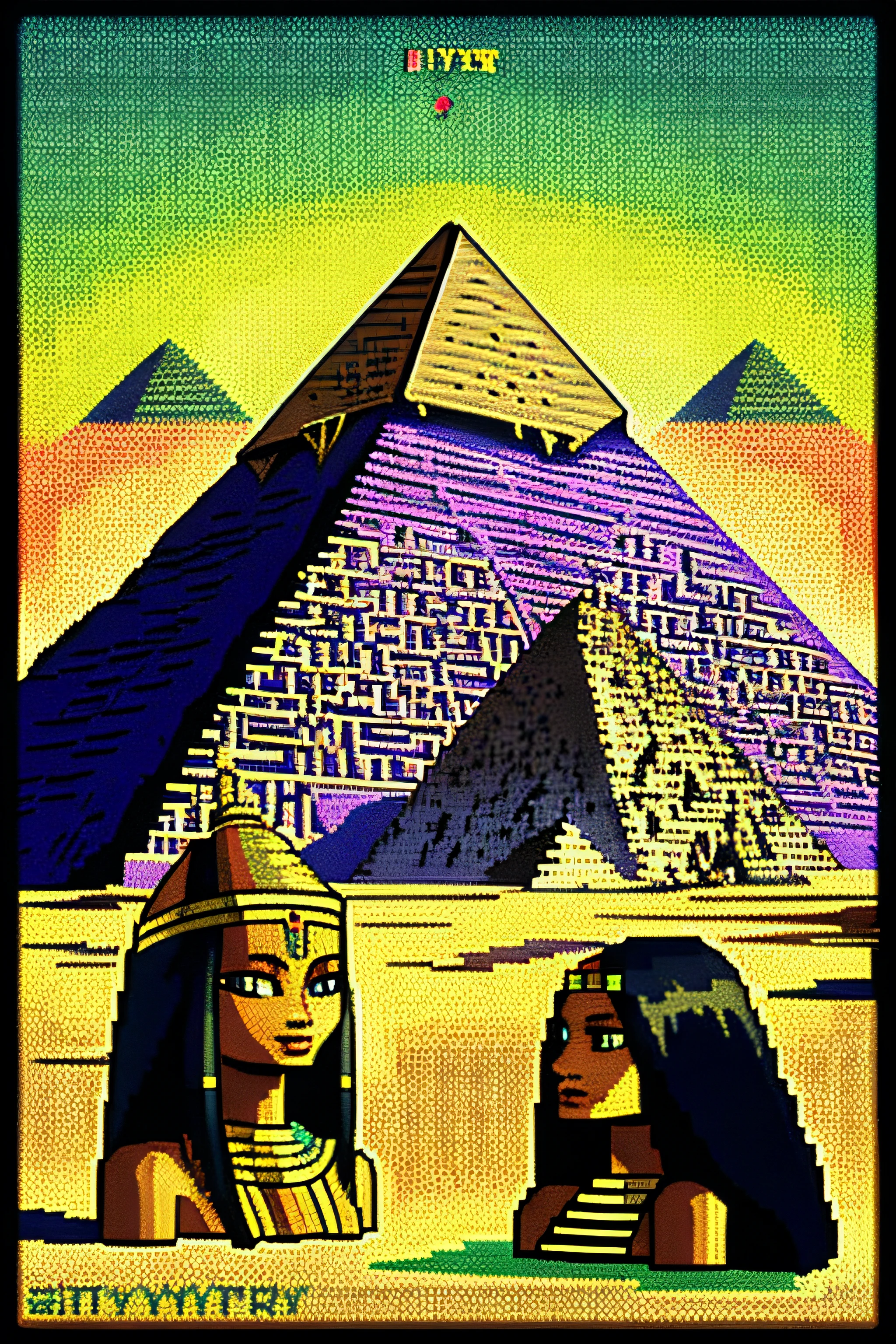 Egypt pyramids and sphynx, 8bit, the style is pixel art with bright colors and dithering effects