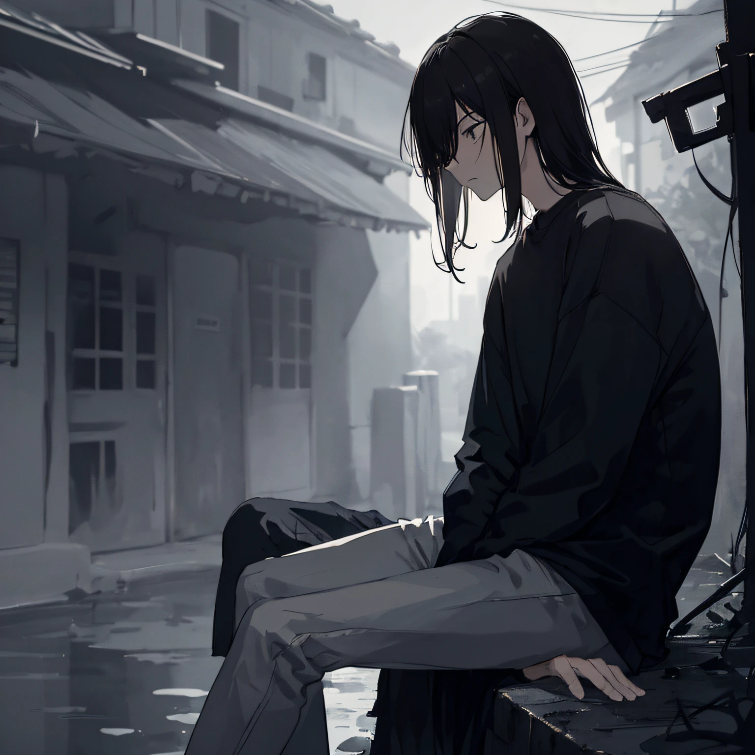 masterpiece, best quality, 1boy, solo, short_hair, looking_away, bangs, shirt, long_sleeves, dark hair, gloomy, moody, sad atmosphere, closed_mouth, morning world, soft shading, morning observer, shades of grey, complex background, dark backgrounds, outdoors, fullbody, sitting, sad, depression, long hair, melancholic expression