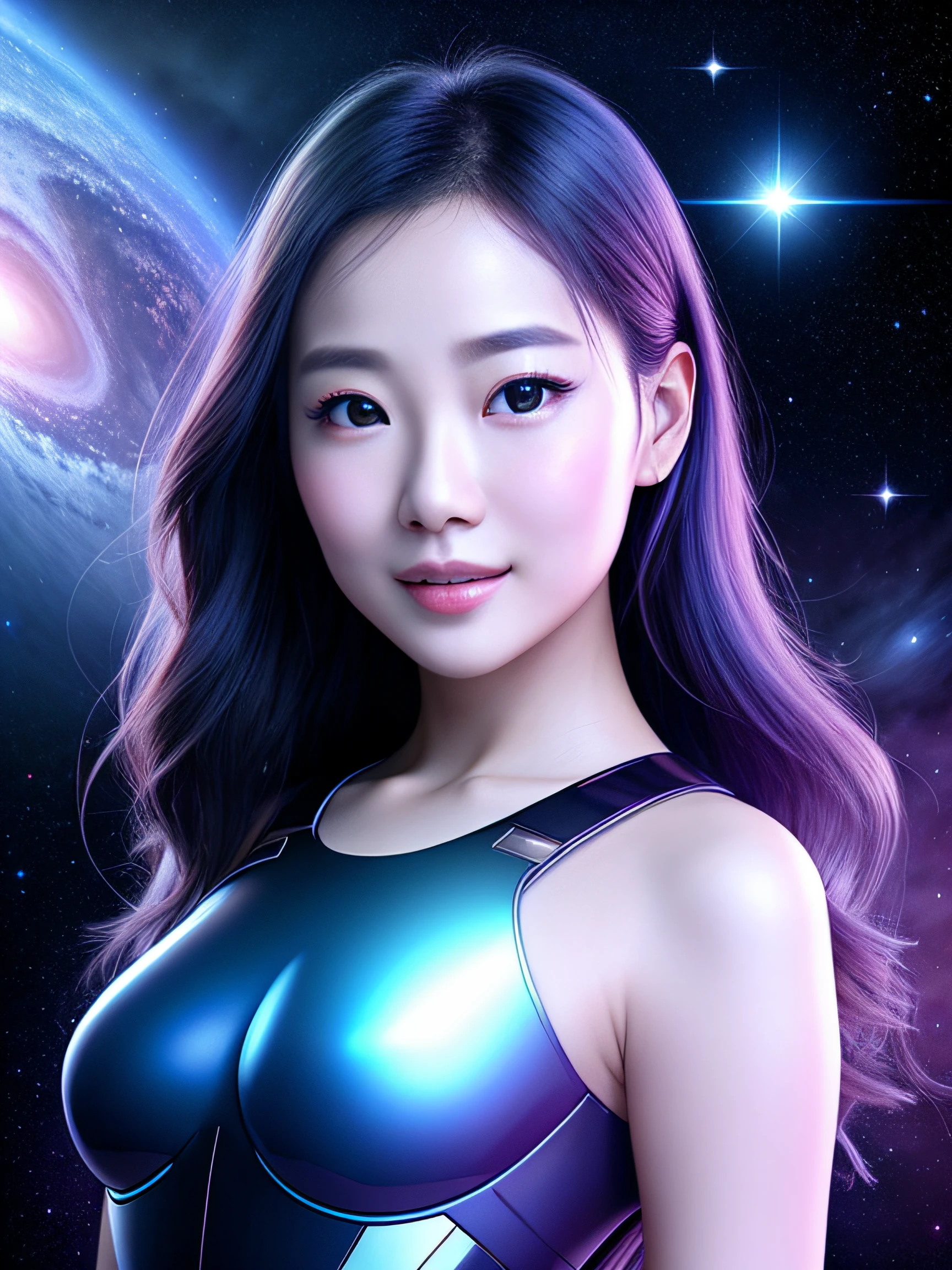 1girl in, A futuristic, Hyper-Realism, Verism,(Masterpiece Portrait Beautiful Girl Galaxy Goddess)、(gleaming skin)、SF、smil、shiny floating weightless hair、Clean face、A detailed face、FULL BODYSHOT、perfectly proportions、quite winding、smil、radiant eyes、hovering、Grab the universe、etheric、hallucination、powerful legs、creation、top-quality、2050、8K、nffsw、lut、Accretion disc、nebulas、supernova、Blue World、