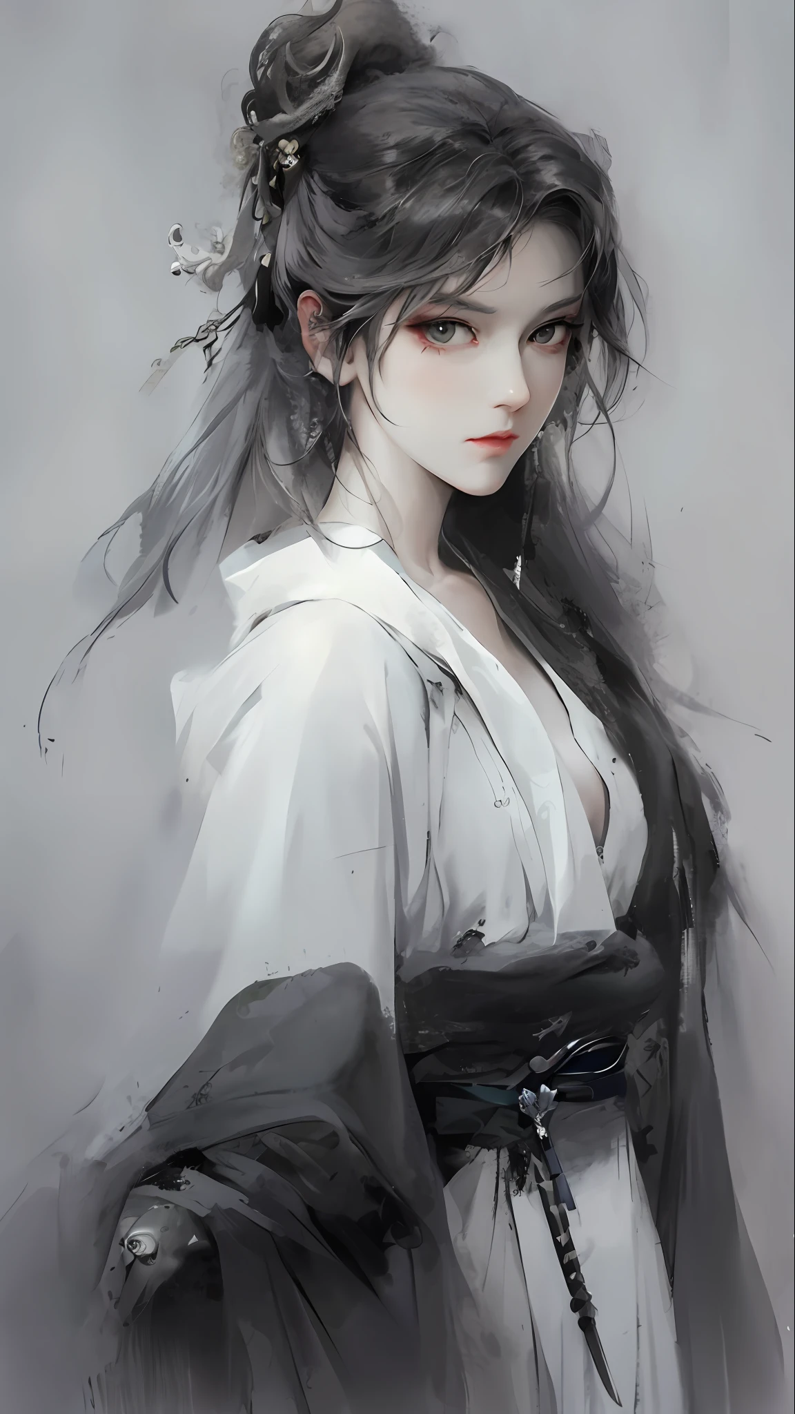 close-up of a woman with white hair and white mask,Belle peinture de personnage,Guviz,Guviz-style artwork,White-haired god,Yang J,Epic and beautiful character art,Stunning character art,FAN Qi,Wu Zhun Shifan,Guvitz at the Pixiv Art Station,Ink wind,Exposed cleavage