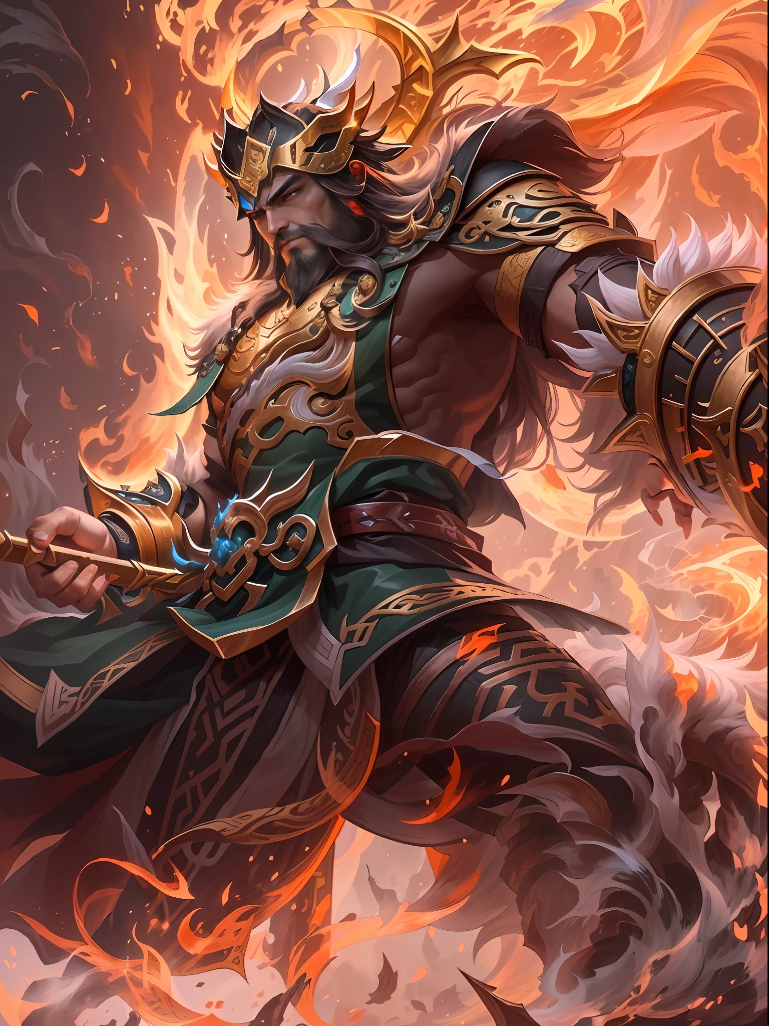 A close-up of a man holding a serpent spear and fire, bian lian, zhangfei, Inspired by Huang Shen, Inspired by Hu Zaobin, Splash Art, League of Legends character, legendary god holding spear, by Yang J, inspired by Yang Jin, Inspired by Shen Zhou, inspired by Li Kan,zhangfei,God Zhang Fei