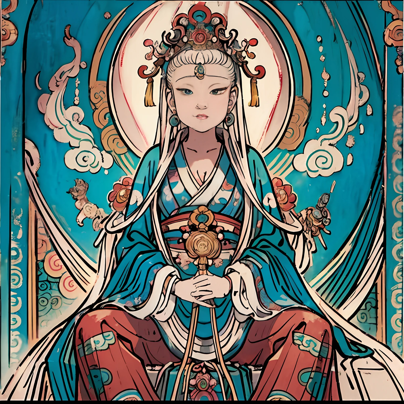 A painting of a woman sitting on a lotus flower, bodhisattva, guanyin of the southern seas, contented female bodhisattva, Guanyin, puṣkaracūḍa, an ancient Chinese goddess, su fu, White-haired god, author:Seto Toyo