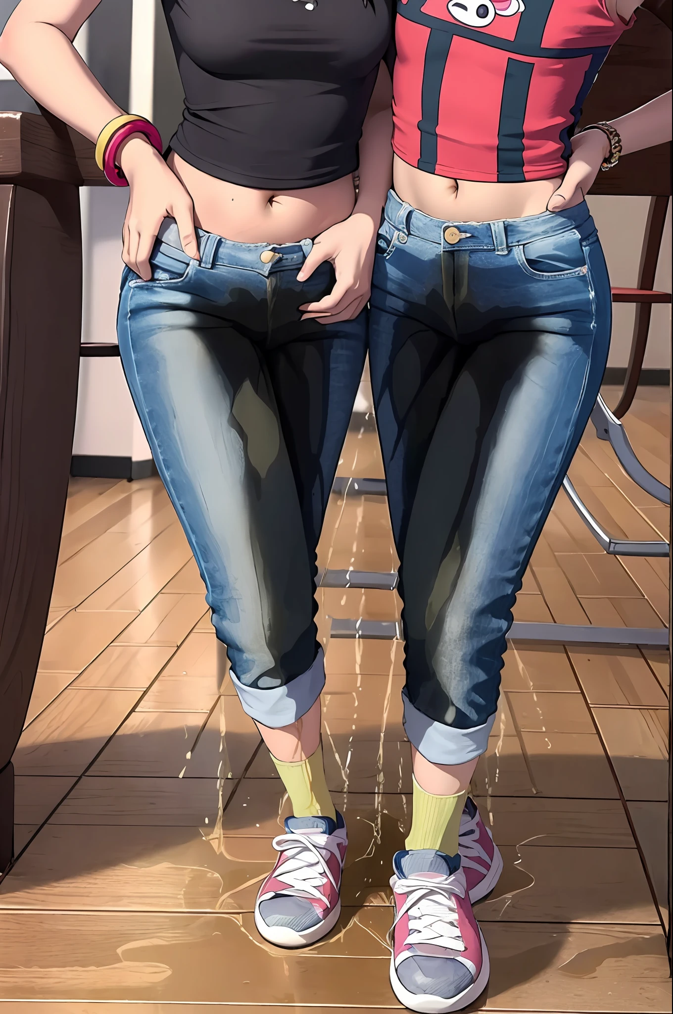 (masterpiece, top quality, best quality, highly detailed:1.2), 1girl, solo, photo of a cute embarrassed tween standing in the middle of Chuck E Cheese and peeing on the floor, peeing self, having an accident, Chuck E Cheese, indoor, standing, ((pee stream)), (pee puddle), pee stain, skinny jeans, wet jeans, wet furniture, pee puddle, peeing, wet socks, sneakers, wet sneakers, crop top, blonde, blue eyes, blushing, frowning, multi-colored bracelet