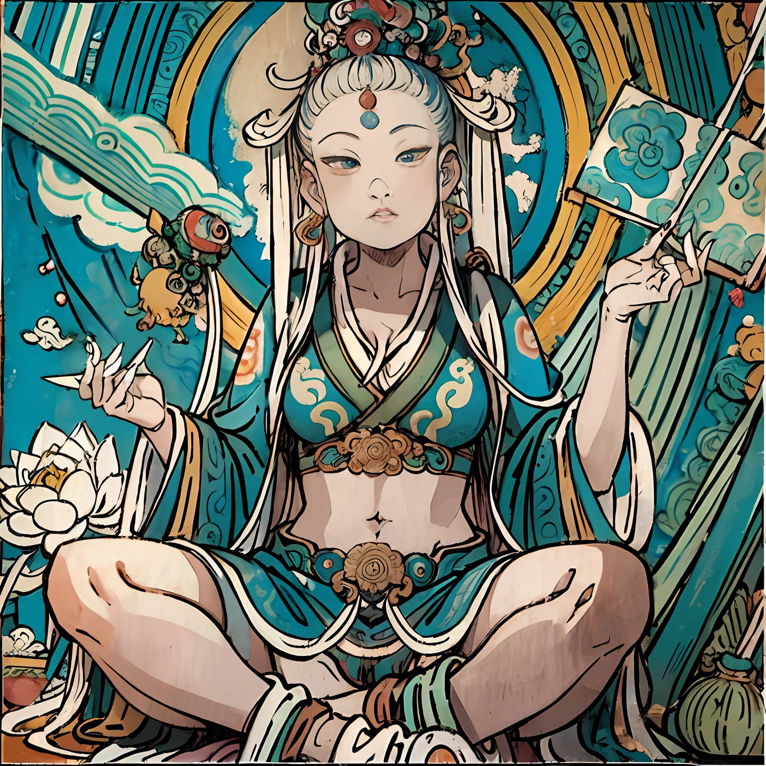 A painting of a woman sitting on a lotus flower, bodhisattva, guanyin of the southern seas, contented female bodhisattva, Guanyin, puṣkaracūḍa, an ancient Chinese goddess, su fu, White-haired god, author:Seto Toyo