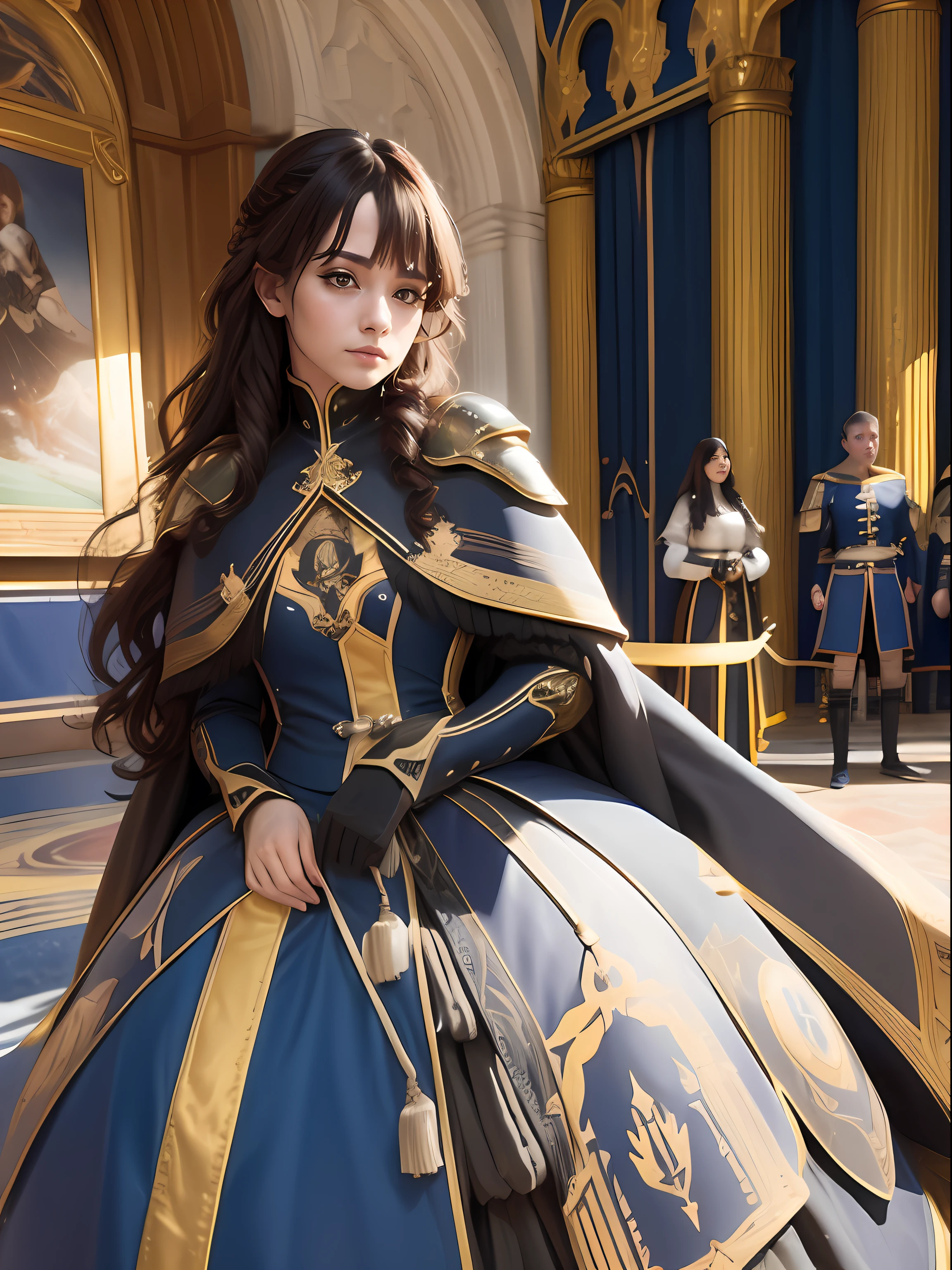 Arad woman posing for photo in blue dress and gold cape, Gorgeous Role Play, Portrait Chevaliers du Zodiaque Fille, wearing a luxurious royal cloak, dark robed,Gold accents, imperial royal elegant clothing, fantasy style clothing, ((a beautiful fantasy empress)), Anime girl cosplay, 《Fire Emblem》Lucina, a beautiful fantasy empress, Anime cosplay