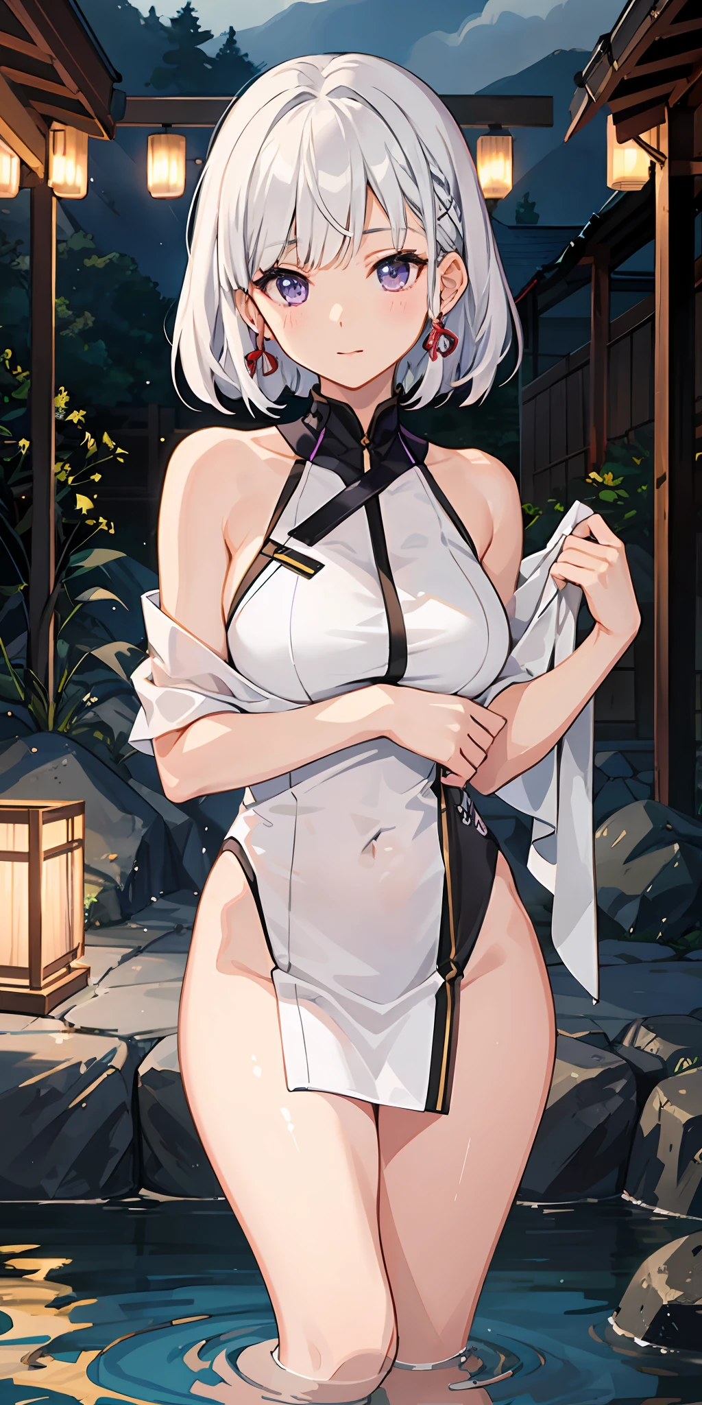 1girl Kamisato Ayaka（fantrome）, White hair, Purple eye, sportrait, photorealestic, Towels, (onsen), sidelighting, wallpaper, nsfw,