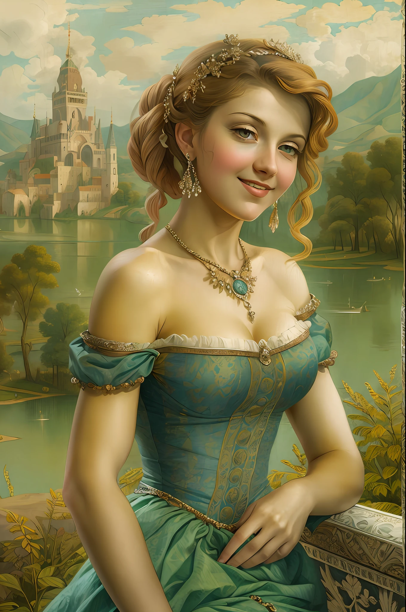 [beste-Qualit, tmasterpiece, extra high resolution, photo-realistic, in the style of pin-up, 1girl, off-shoulder, ssmile:20]Background, intricate Renaissance landscape, higly detailed