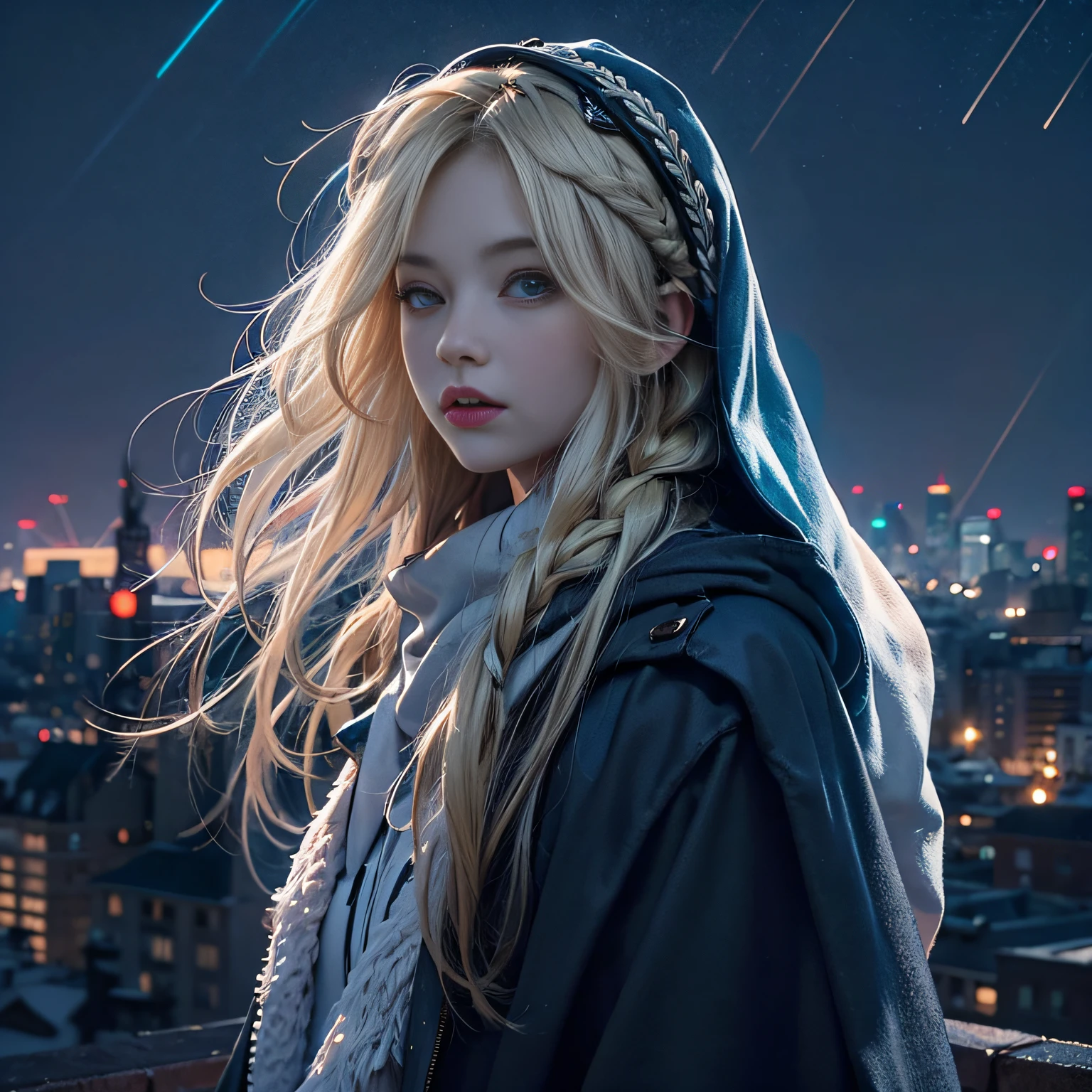 Warm color environment，Rooftop，the night，Blonde girl，long whitr hair，Small braids on both sides，Blue-white headband，Dressed in a black hooded cloak，Medium build，