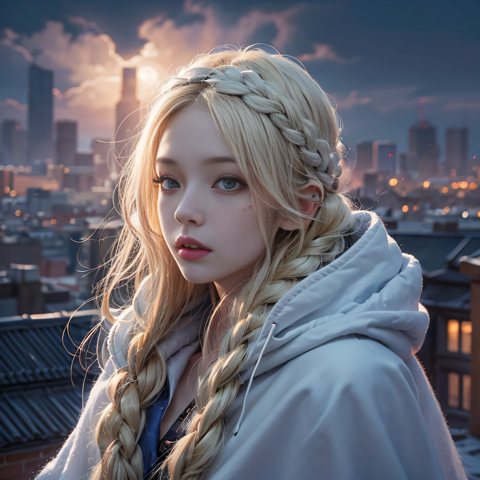 Warm color environment,Rooftop,the night,Blonde girl,long whitr hair,Small braids on both sides,Blue-white headband,Dressed in a white hooded cloak,Medium build,Moles under eyes,Detailed background,detail-rich