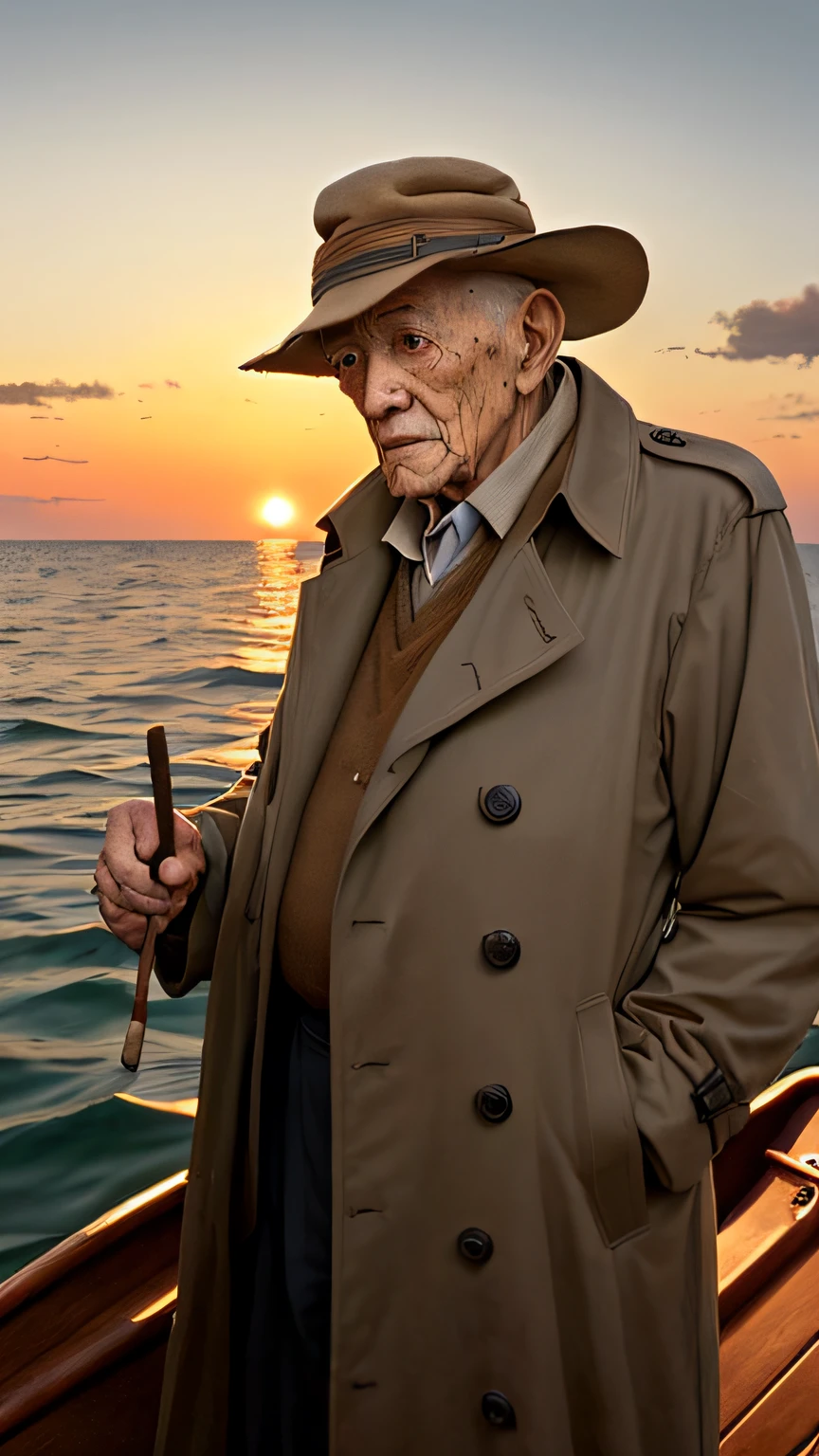 An elderly gentleman with a weathered face, clad in a long trench coat, confidently steering a boat through the vast expanse of the ocean, savoring the tranquility of the early morning light, and calmly puffing on a thick cigar.
