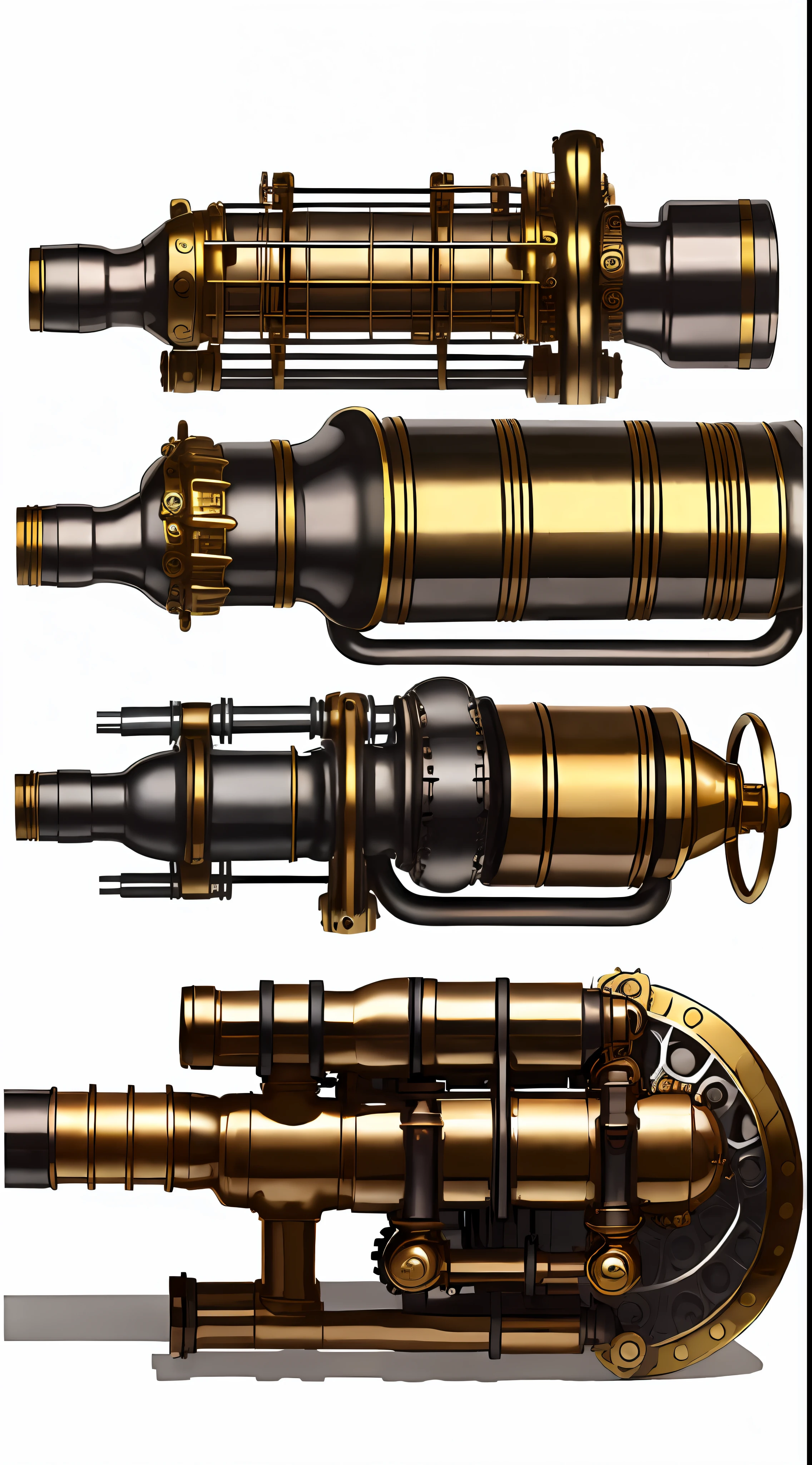 school bus、steampunc、from side view、brass、steel、Great photos of pipes、White background