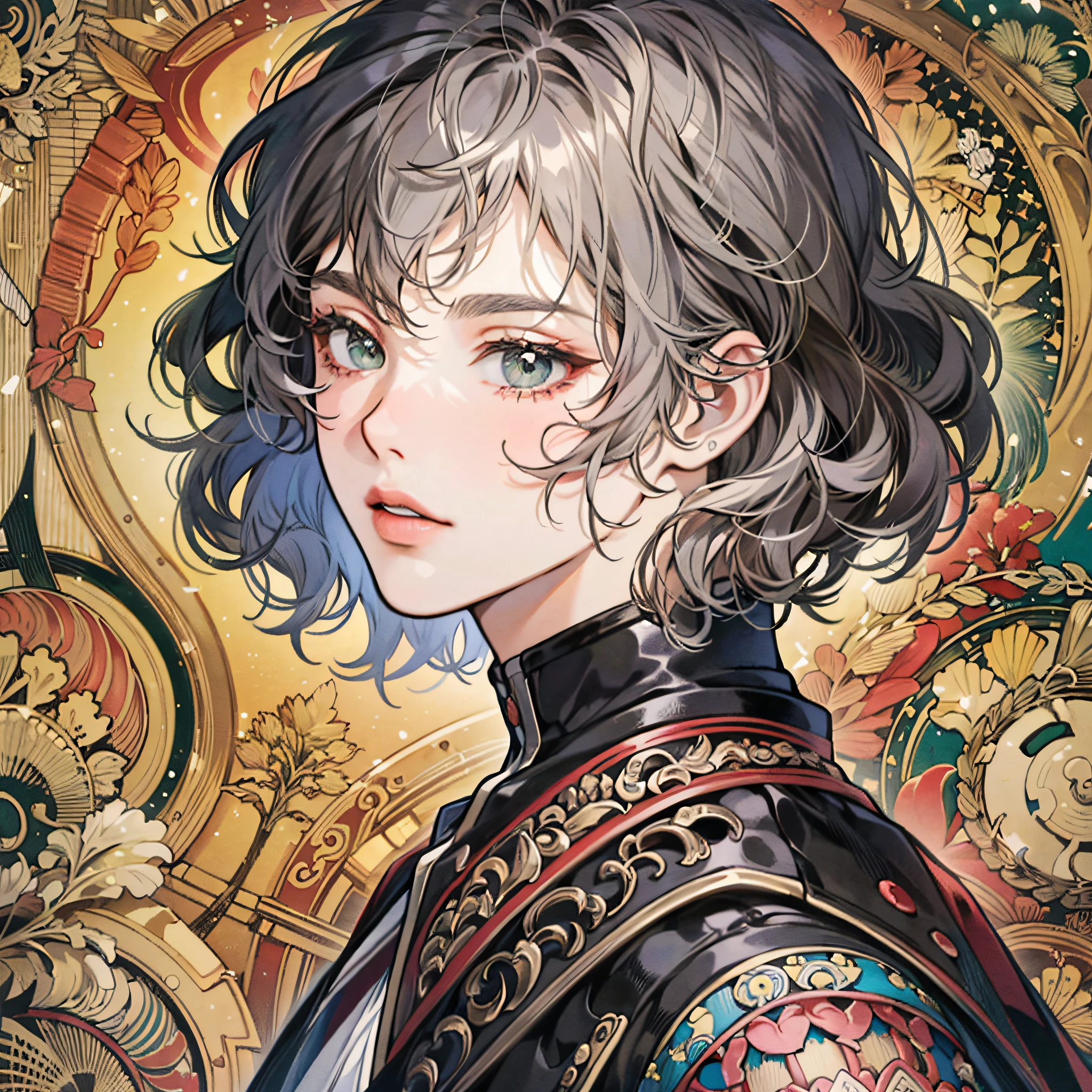 ((masterpiece:1.2, best quality)), ultra detailed, Ultra-precise depiction, Ultra-detailed depiction, (zentangle:1.2), (dynamic pose), (abstract background:1.5), wavy short hair, grey hair, 1boy, colorful, portrait, (from above:1.2)