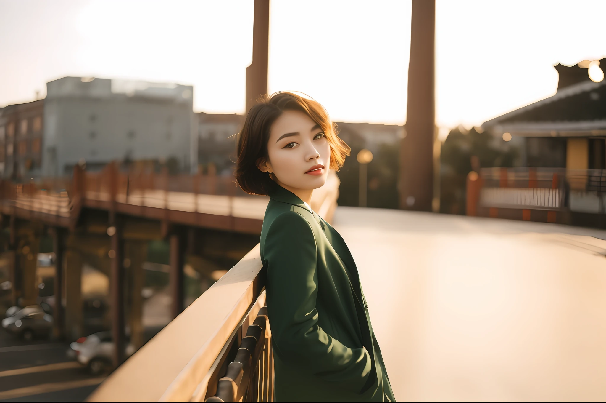There was a woman standing on a bridge looking at the camera, A young Asian woman, shot on leica sl2, 50mm portrait, shot with sigma f / 4. 2, shot with sigma f/ 4.2, shot at golden hour, 60mm portrait, cover photo portrait of du juan, mid shot portrait, Korean woman, An Asian woman