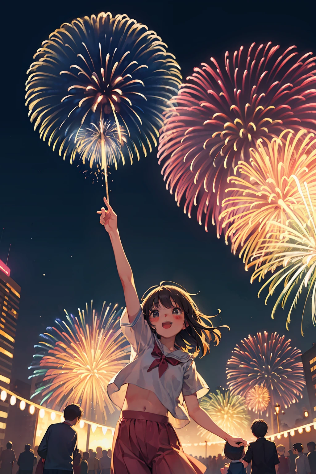 superfine illustration, Best Quality, In the clear night sky, Countless fireworks dance gracefully, And under them, Children holding hands and looking up curiously. It is a scene wrapped in a fantastic and nostalgic atmosphere.., Reminiscent of memories of past summers.