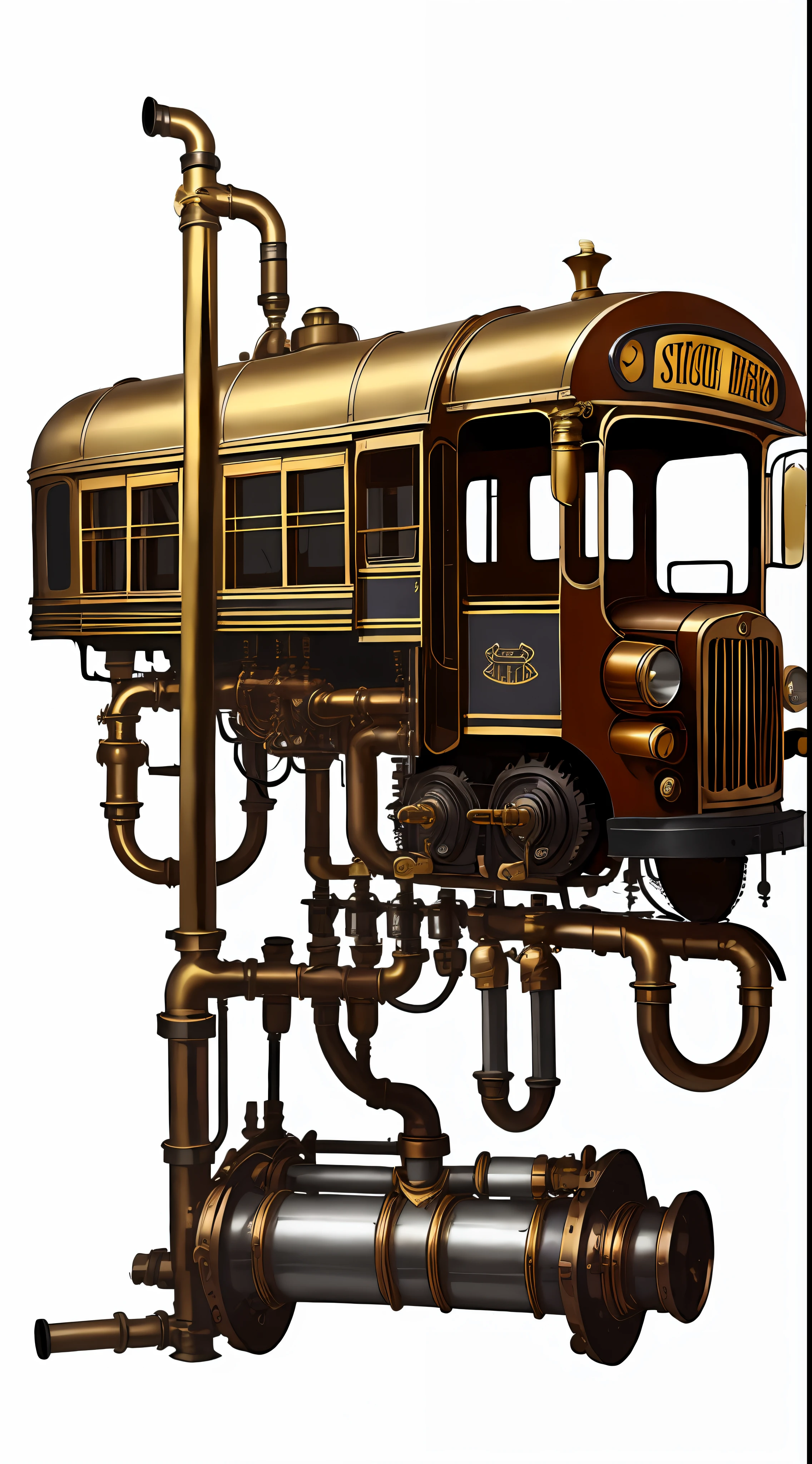 school bus、steampunc、from side view、brass、steel、Great photos of pipes、White background