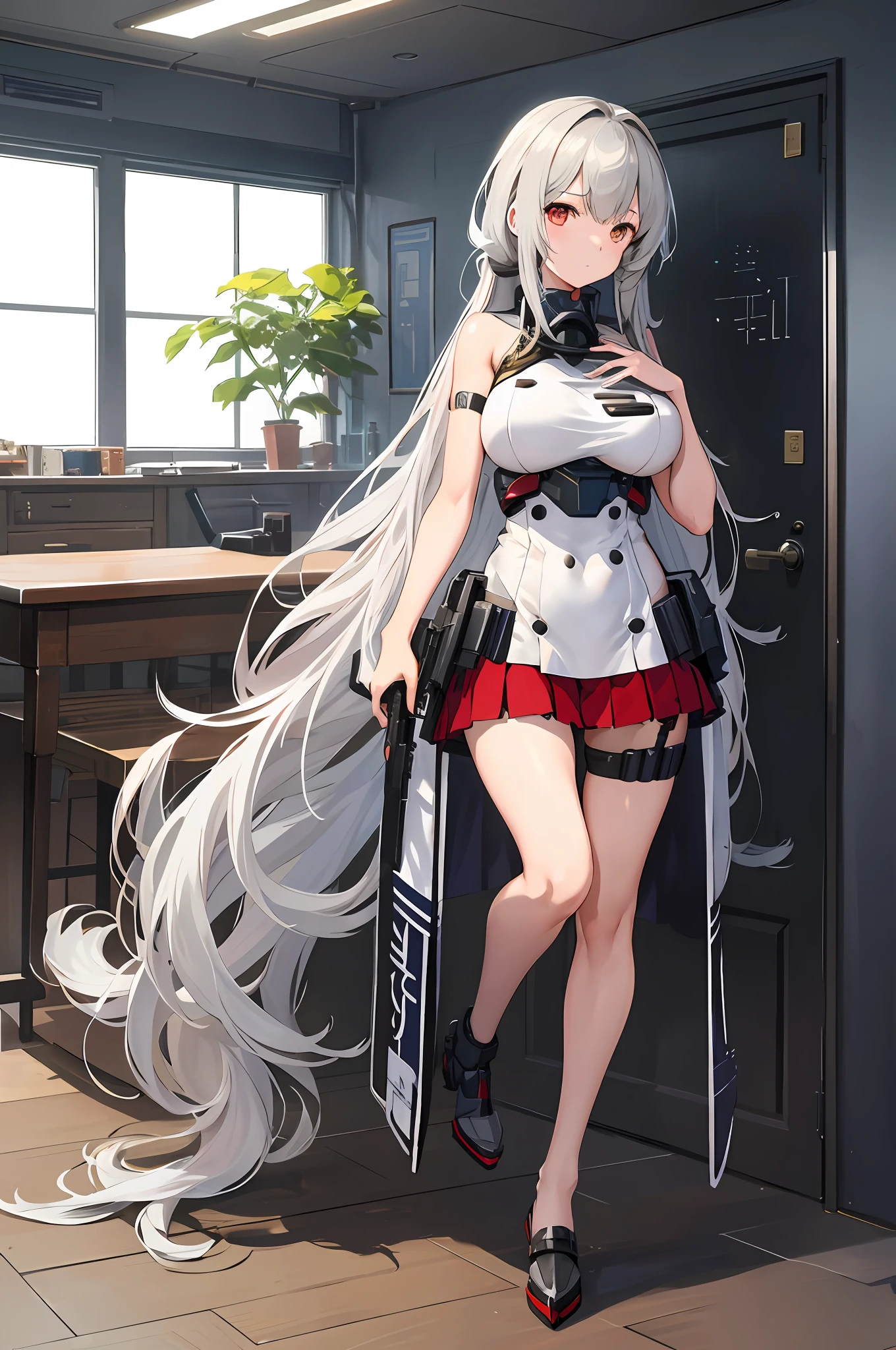 ​masterpiece, top-quality, high_resolution, fine detailed, highly detailed and beautiful, Distinct_image, 1 rapariga, 独奏, , A dark-haired, red eyes, (huge-breasted), (tits out),(Silver-haired long),Woman in red dress with gun in room, Kantai Collection Style, azur lane style, kantai collection arcade, from the azur lane videogame, Fine details. girls' frontline, girls frontline style, kancolle, from girls frontline, characters from azur lane, M4 Sopmod II Girls Frontline, girls frontline cg, from arknights