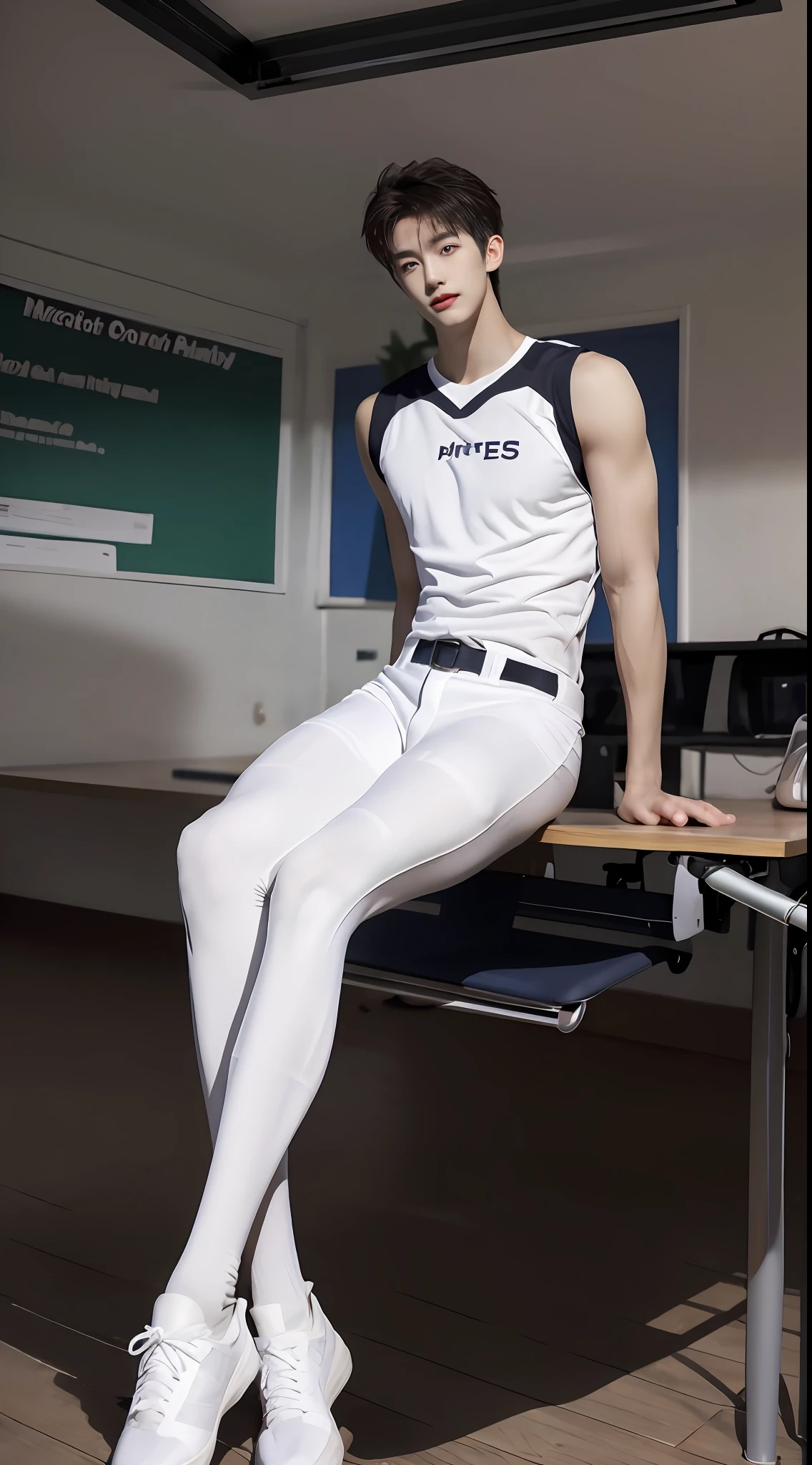 (A lovely Shota:2),(Colored screen:1.2),Solo,(full bodyesbian:3),(Stay away from the lens:3),Expose your legs,(revealing the whole body:2),(Frontal heads-up view:1.2),malefocus,(looking at viewert),16 yaers old,(Tall:3),(Tall guy:2),Super tall,(Height 300 cm:2),Excellent body proportions,(1.The shoulders are 5 times wider:1.2),(Slender straight legs:2.5),Slender feet,small heads,musculous,(Lovely and pretty:2),(The face of an anime man),(Very detailed beautiful face and eyes:2),(Big bright eyes:1.2),Sharp eyeliner,Clear and beautiful face,short detailed hair,(Correct facial features),(tilts your head:1.5),(having fun:1.2,smiling expression:2),(White striped men's baseball uniform:2),(Tight shorts),(Muscle firming:2),Strong,(Wide shoulders and narrow waist:2.2),Sports men's socks,Detailed muscle texture,Highlights muscle structure,In school,(Sit on your desk:4),(full length shoot),ultra-realistic realism, (Photorealistic detail), Incredible accuracy, lifelike textures, masterful technique, Jaw-dropping precision, artistic dedication,(anatomy correct),Good lighting,exquisite detailing,Best quality,stunning masterpiece,CG