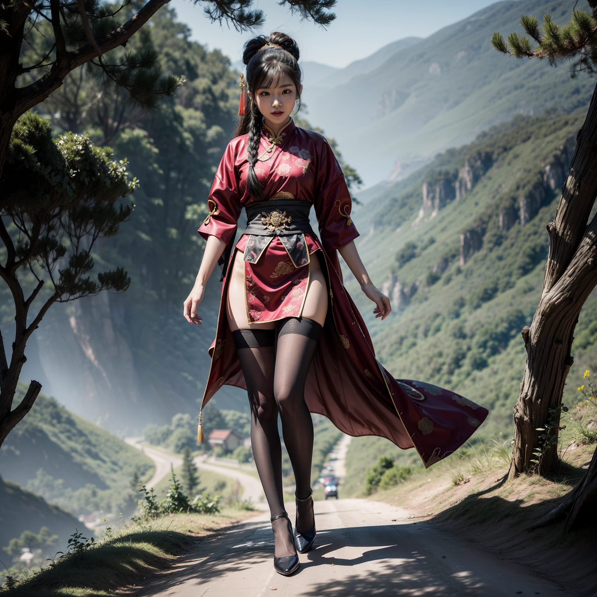 Splitting characters is prohibited,(Full body shot:1.3), Must show your face, anatomy correct, Flying on the top of the mountain,Tights and stockings are mandatory,Polished pointed toe heels must be worn, Colorful Qing dynasty checkered costumes, A shallow laugh, Complex and diverse backgrounds,Strangling effect,hyper HD, Ray traching, structurally correct, Award-Awarded, high detal, lightand shade contrast, Face lighting,cinmatic lighting, tmasterpiece, super detailing, high high quality, high detal, best qualityer, 16k
