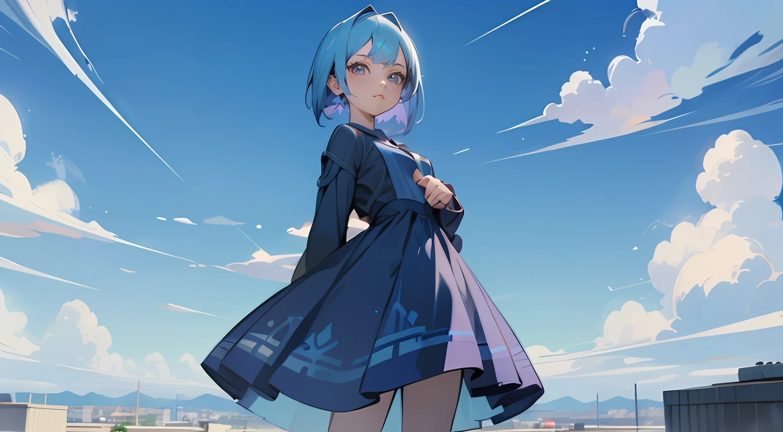 anime girl in blue dress standing on rooftop with blue sky in background, anime style 4 k, anime style. 8k, anime moe artstyle, loli in dress, cute anime waifu in a nice dress, stylized anime, high quality anime artstyle, artwork in the style of guweiz, anime styled 3d, anime styled digital art, anime stylized