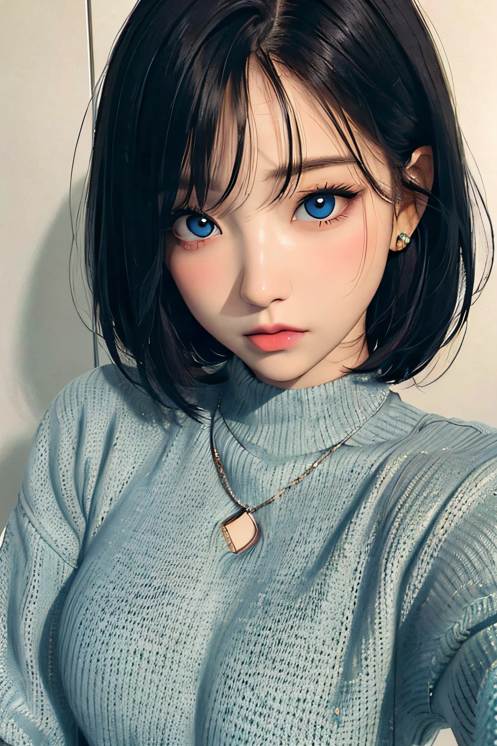 1girll,Mysterious eye close-up,with short black hair,Sweaters,mesmerizing eyes,A detailed eye,blue color eyes,Selfie angle