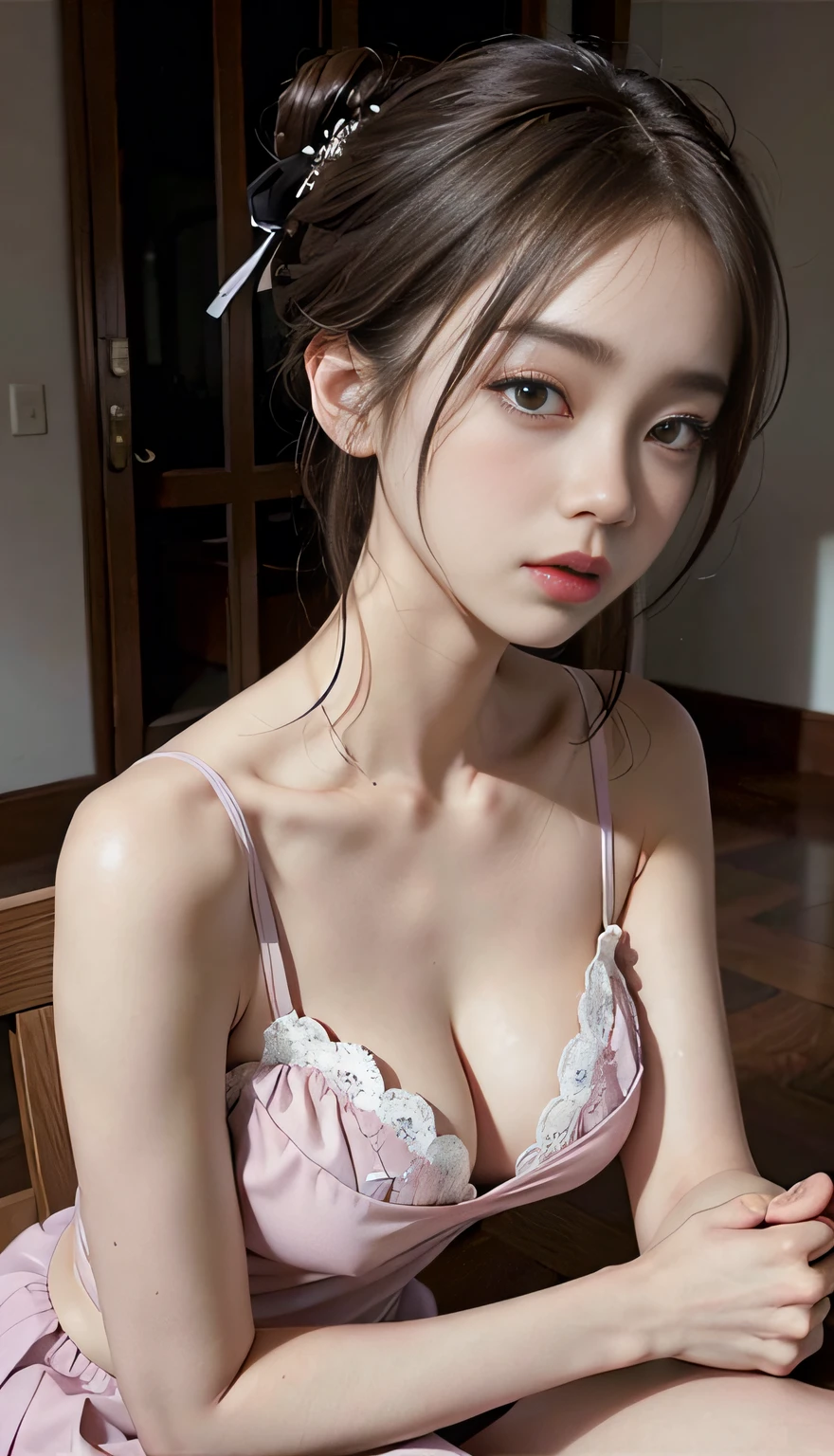 (Raw photography、top-quality)、(realisitic、Photorealsitic:1.3)、top-quality、​masterpiece、extremely delicate and beautiful、A highly detailed、nffsw、A sense of unity、2k wallpaper、magnifica、Beautiful in every detail、​masterpiece、浅笑、top-quality、Highly detailed ticker Unity 8K wallpapers、huge filesize、ultra-detailliert、hight resolution、ighly detailed、Female 1 Person、Slim body、D-cups、(Black Leotard Top:0.7)、(Pink skirt:1.2)、(Bun hair)、(brown haired)、Look at the front、Sharp Focus、Face Close-up、pureerosface_v1:0.8 Short Hair、Instagram、Viewer's Perspective、selfee