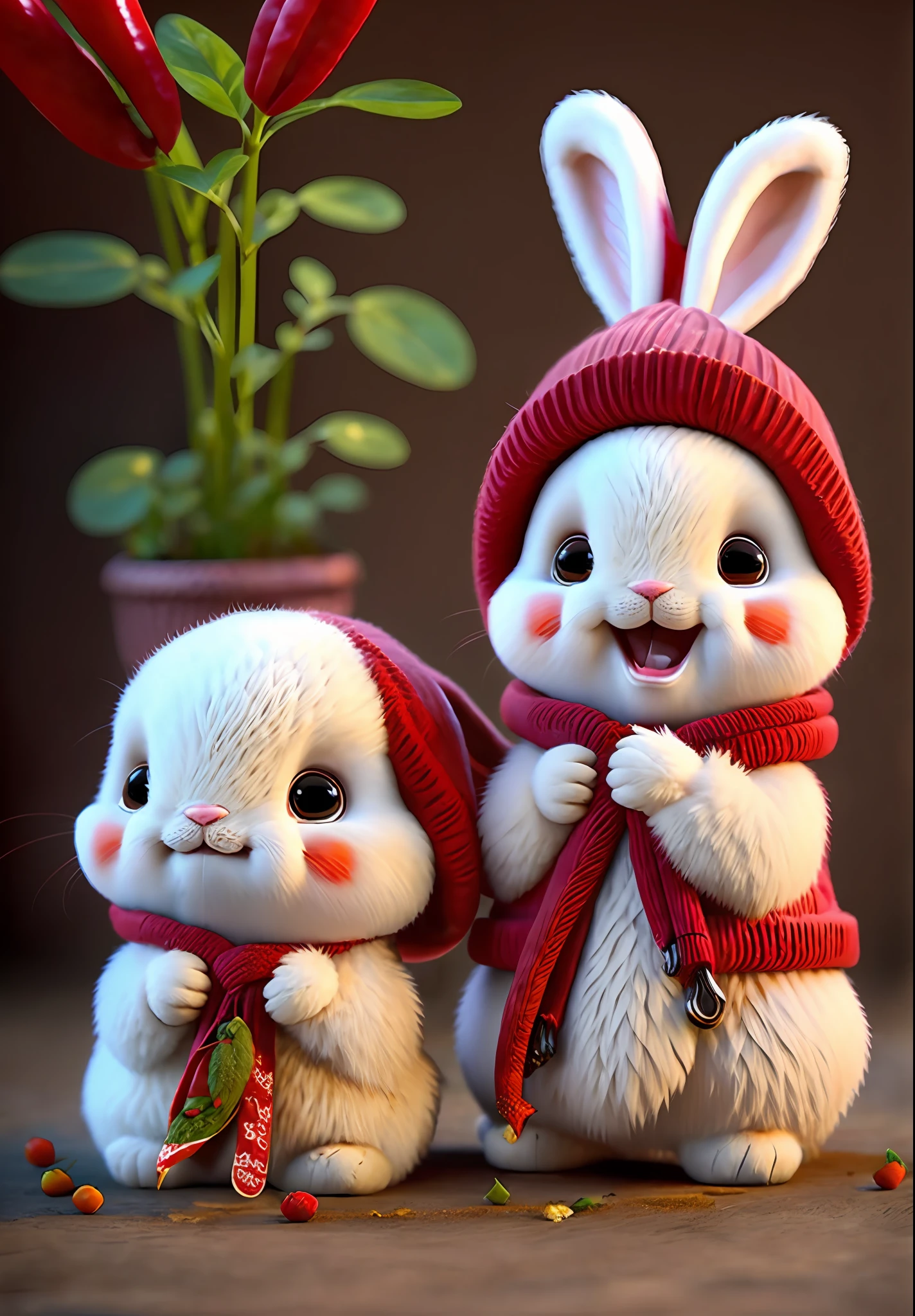 whair：Realistic hair，adorable rabbit, Bunny, Opens mouth and laughs, Smiled，chili pepper, Nature, No_Humanity, Depth of field, to8contrast style, Street background,  Chili red background, (Chili hot pot: 1.4), (8K, RAW photo, Best quality, Masterpiece: 1.2)，Cinema lenses，adolable，hot pot，Spicy hot，chili pepper，Spicy hot，Rabbit eating chili