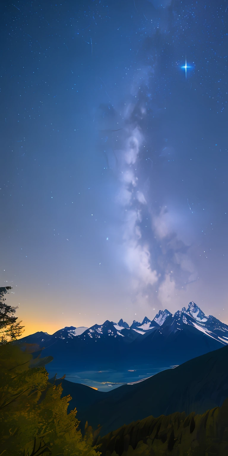 starrysky，kosmos，mountain peaks，rios，the trees，Gamma bursts