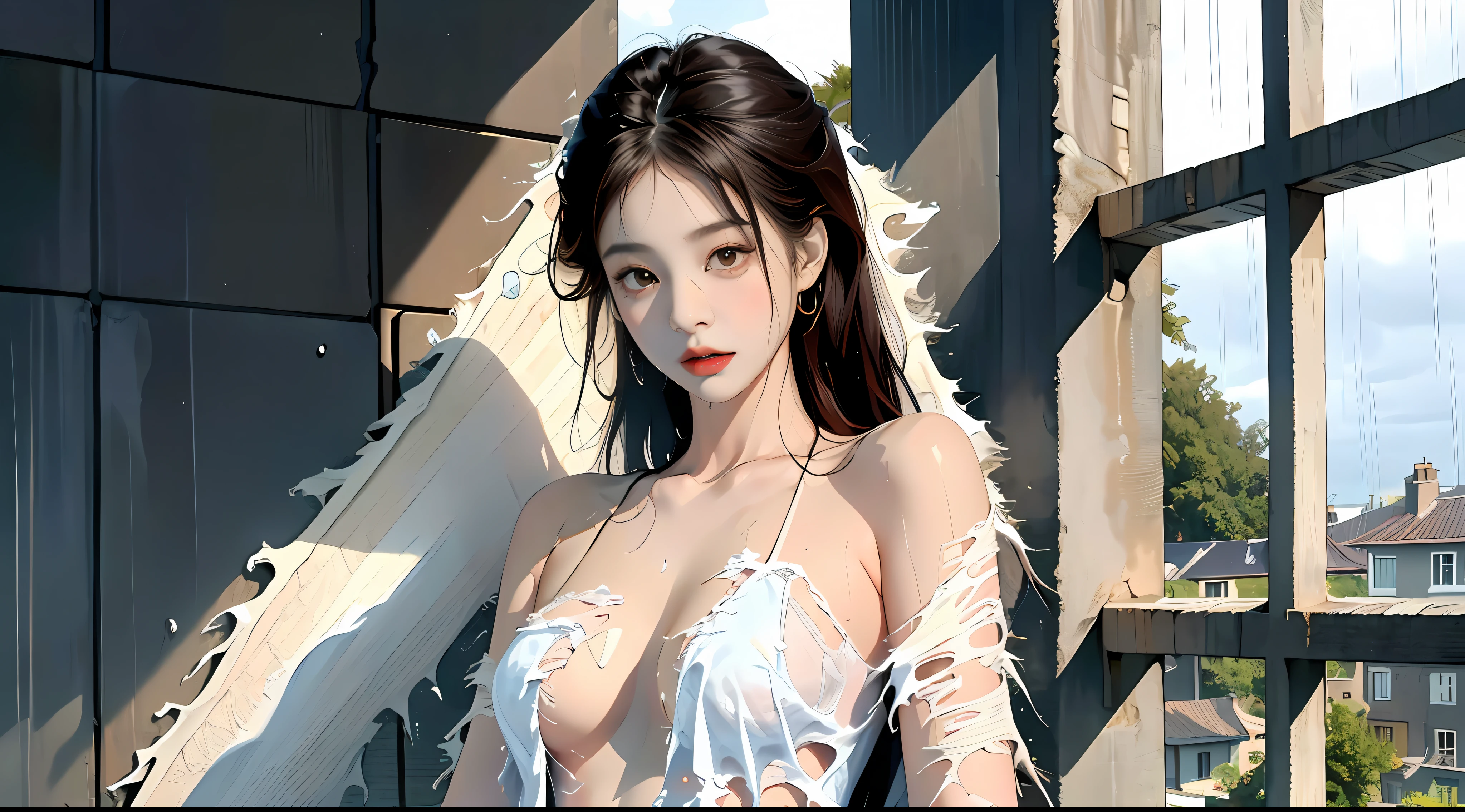 Best Quality, Masterpiece, Solo, __body-parts__, Kim Ji-ni Jennie Face, Ultra High Resolution, , Photos, 1 girl, white shirt, teardrops, (torn clothes:1.5), (wet clothes:1.4), bare shoulders, real rain, wet hair,..
