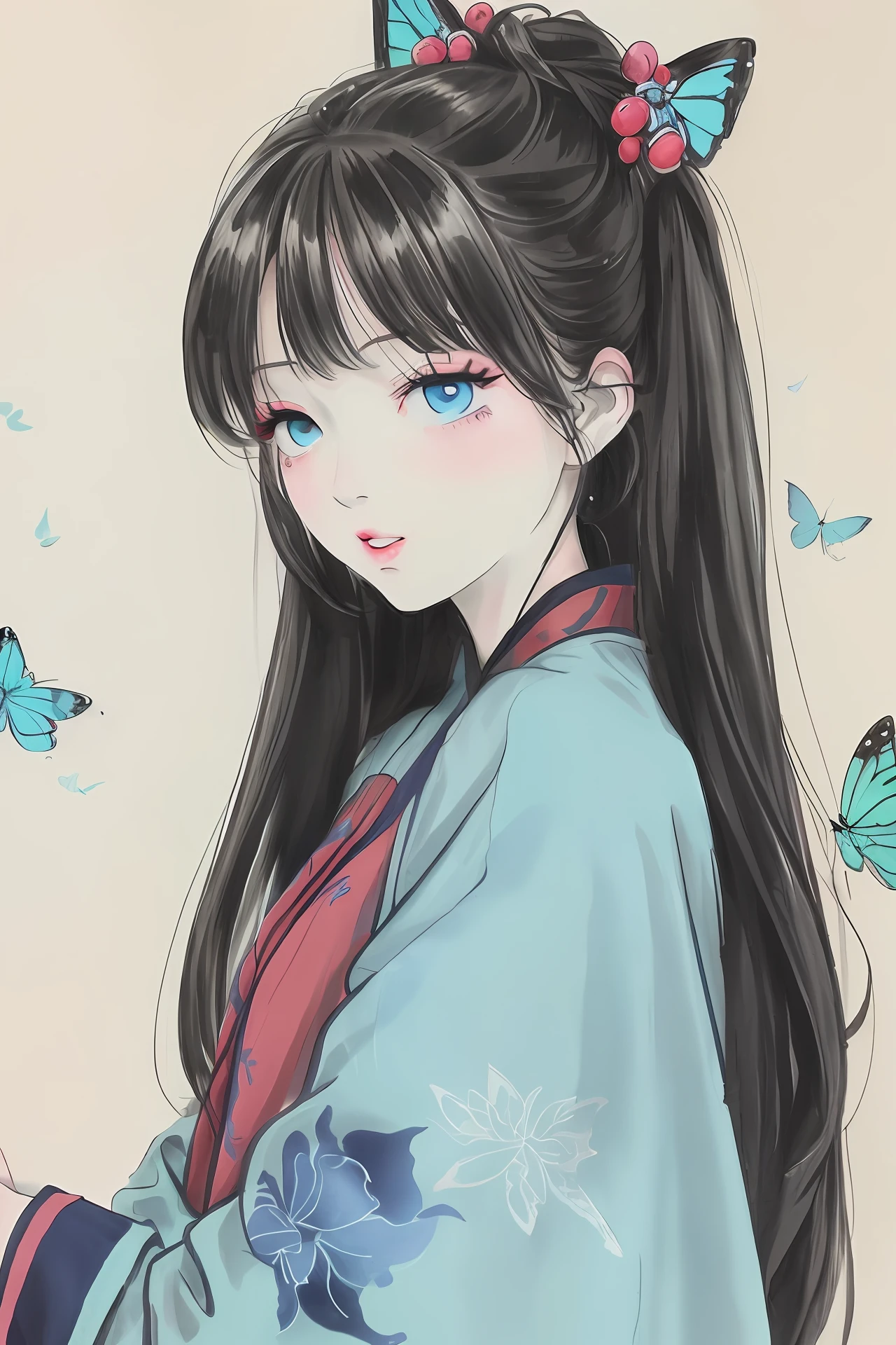 Antique style Hanfu sister ink painting cyan black hair blue eyes butterfly