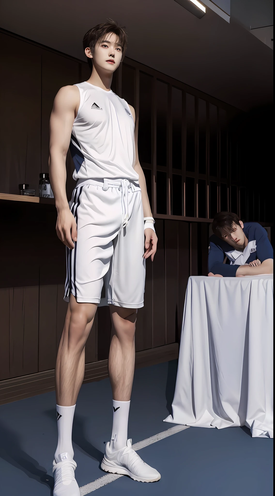 (A lovely Shota:2),(Colored screen:1.2),Solo,(full bodyesbian:3),(Stay away from the lens:3),Expose your legs,(revealing the whole body:2),(Frontal heads-up view:1.2),malefocus,(looking at viewert),16 yaers old,(Tall:3),(Tall guy:2),Super tall,(Height 300 cm:2),Excellent body proportions,(1.The shoulders are 5 times wider:1.2),(Slender straight legs:2.5),Slender feet,small heads,musculous,(Lovely and pretty:2),(The face of an anime man),(Very detailed beautiful face and eyes:2),(Big bright eyes:1.2),Sharp eyeliner,Clear and beautiful face,short detailed hair,(Correct facial features),(tilts your head:1.5),(having fun:1.2),(smiling expression:2),(White striped men's baseball uniform:2),(Tight shorts),(Muscle firming:2),Strong,(Wide shoulders and narrow waist:2.2),Sports men's socks,Detailed muscle texture,Highlights muscle structure,At home,(kneels on the ground:4),(full length shoot),ultra-realistic realism, (Photorealistic detail), Incredible accuracy, lifelike textures, masterful technique, Jaw-dropping precision, artistic dedication,(anatomy correct),Good lighting,exquisite detailing,Best quality,stunning masterpiece,CG