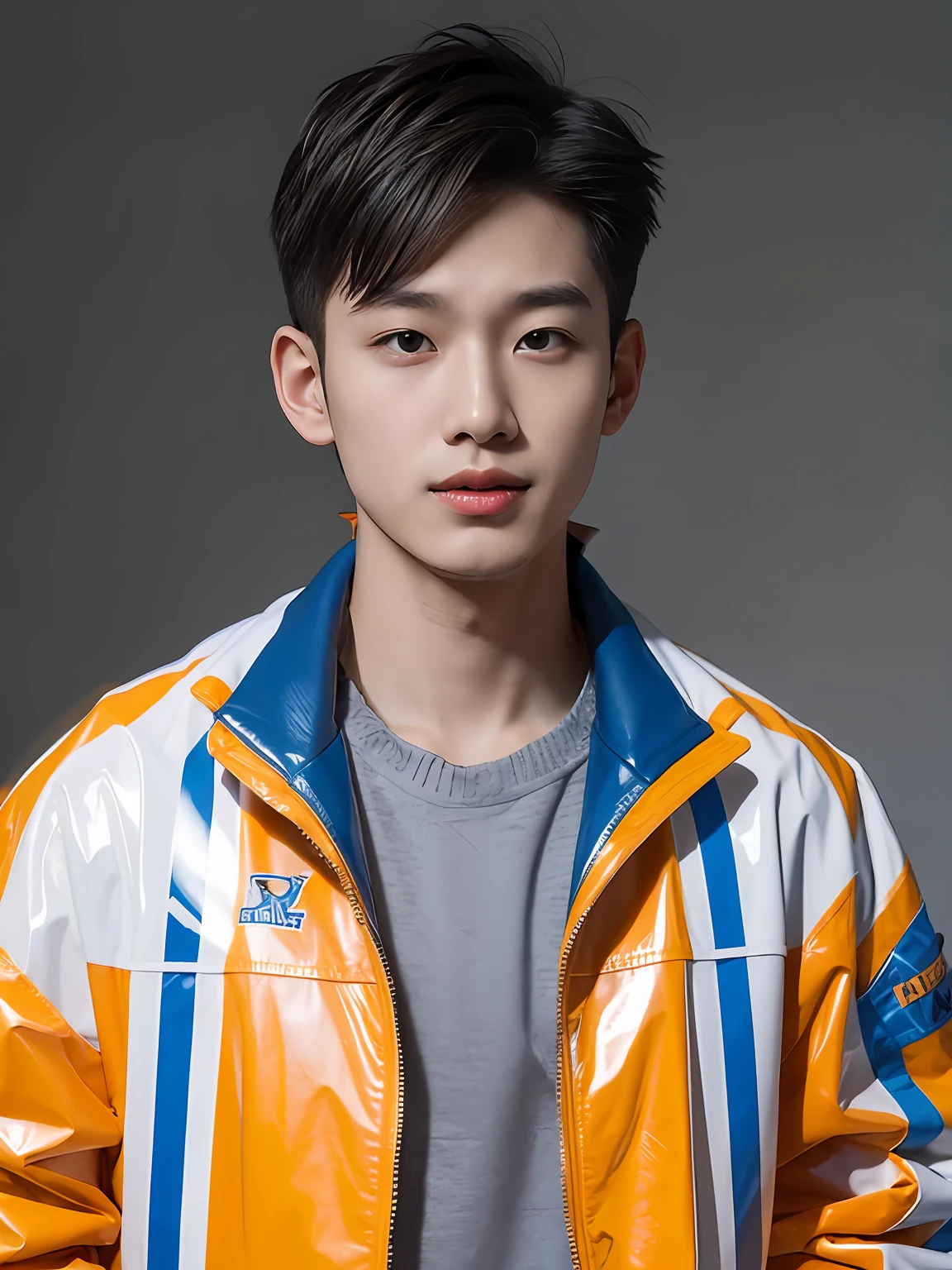 A male high school student，Wear a PVC jacket，Crein blue and Hermes orange，light grey background