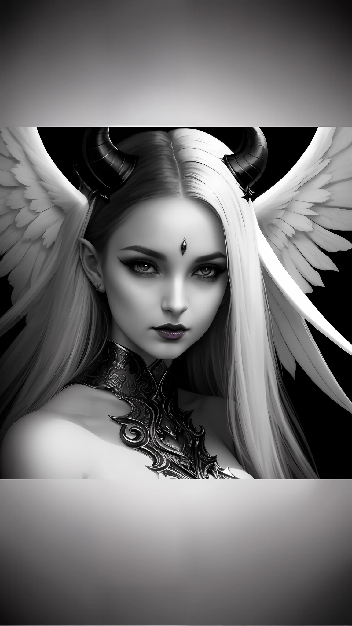 a black and white photo of a woman with angel wings, beautiful succubus, white horns queen demon, beautiful elegant demon queen, dark fantasy mixed with realism, succubus, succubus | medieval, portrait of demon girl, demoness, demon girl, in style of anne stokes, digital fantasy art ), trending digital fantasy art, succubus in sundress portrait --auto